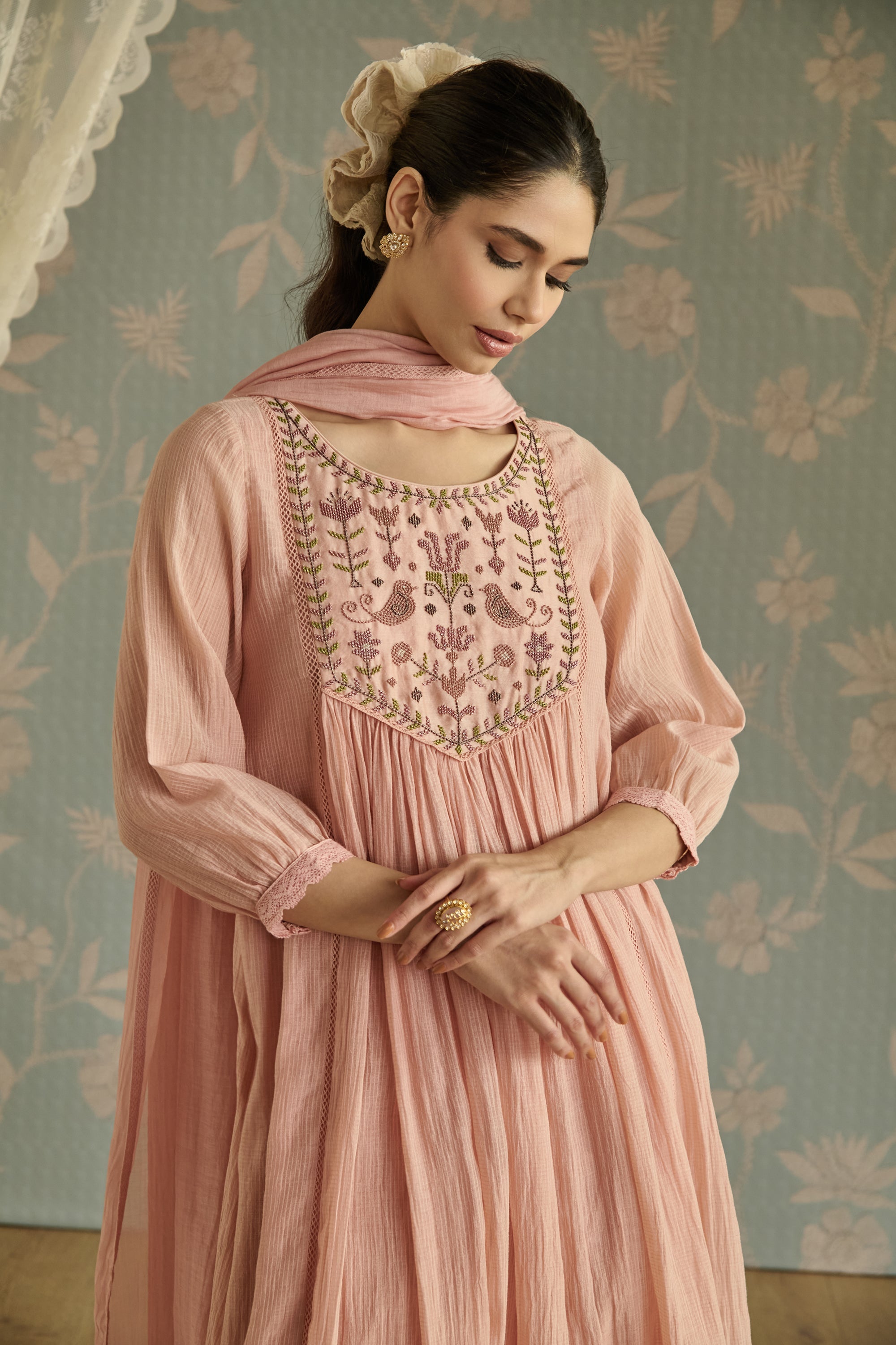 Pink Handwoven Bead Embroidery Kurta Set