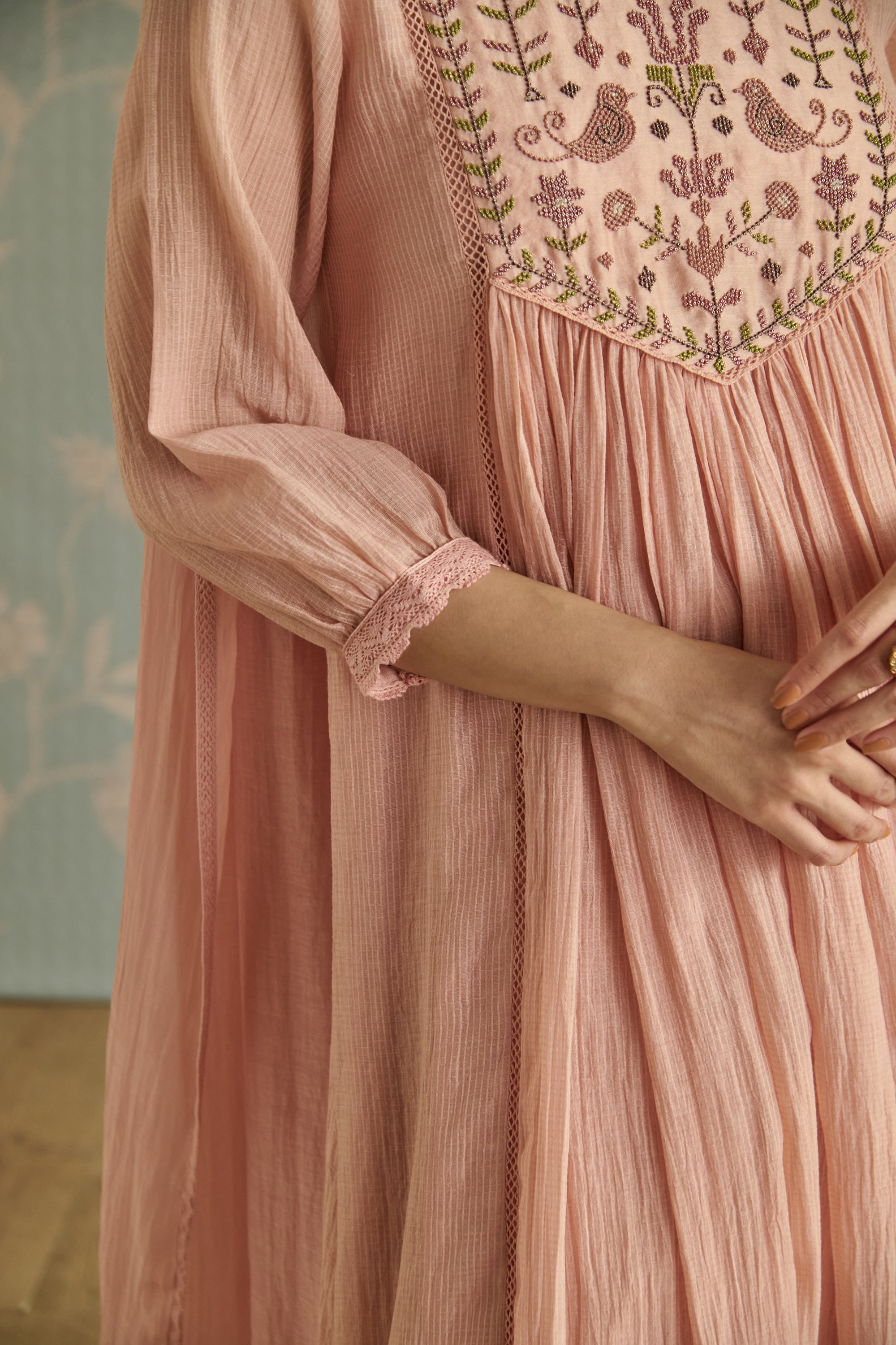 Pink Handwoven Bead Embroidery Kurta Set