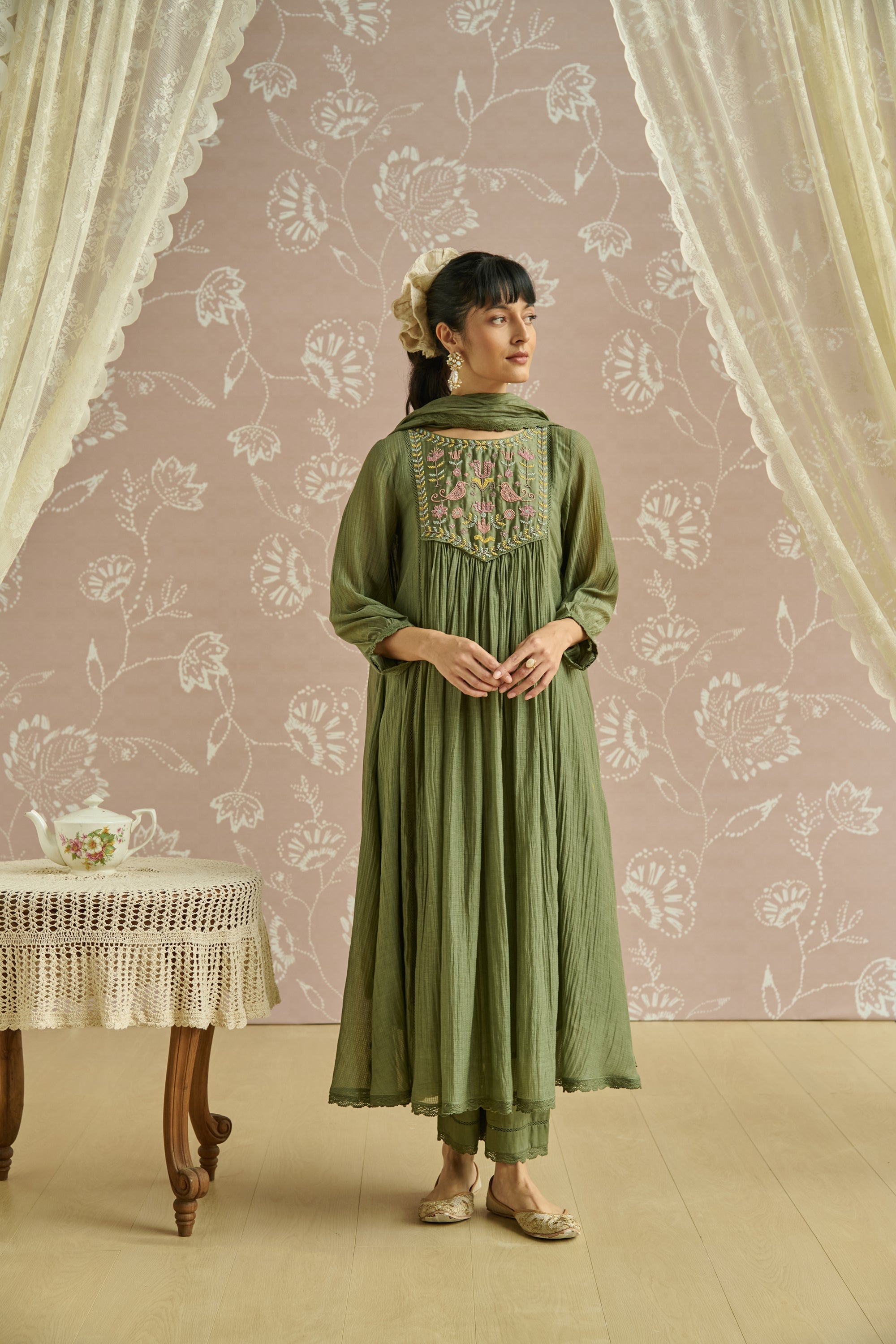 Green Handwoven Bead Embroidery Kurta Set
