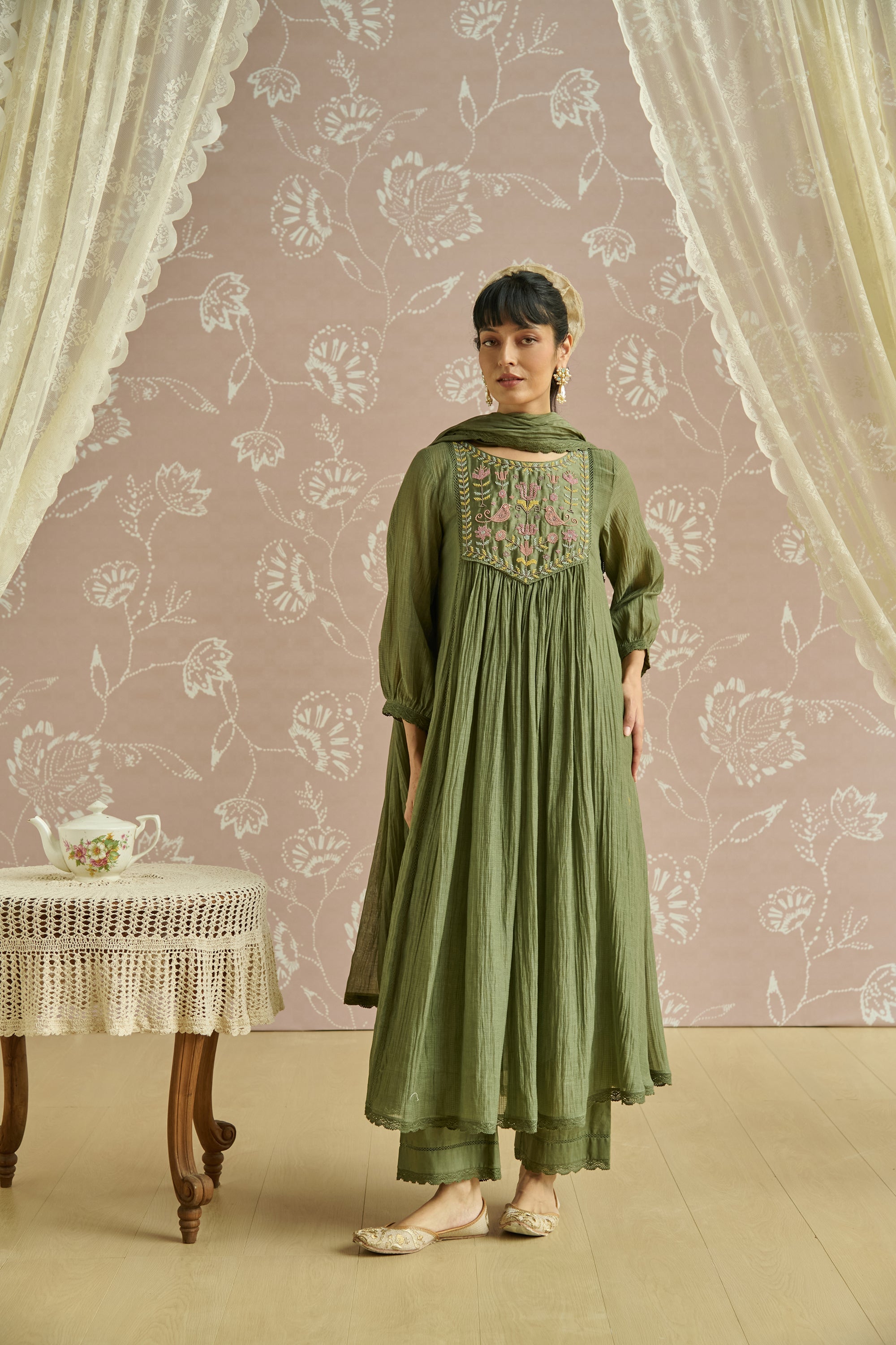 Green Handwoven Bead Embroidery Kurta Set