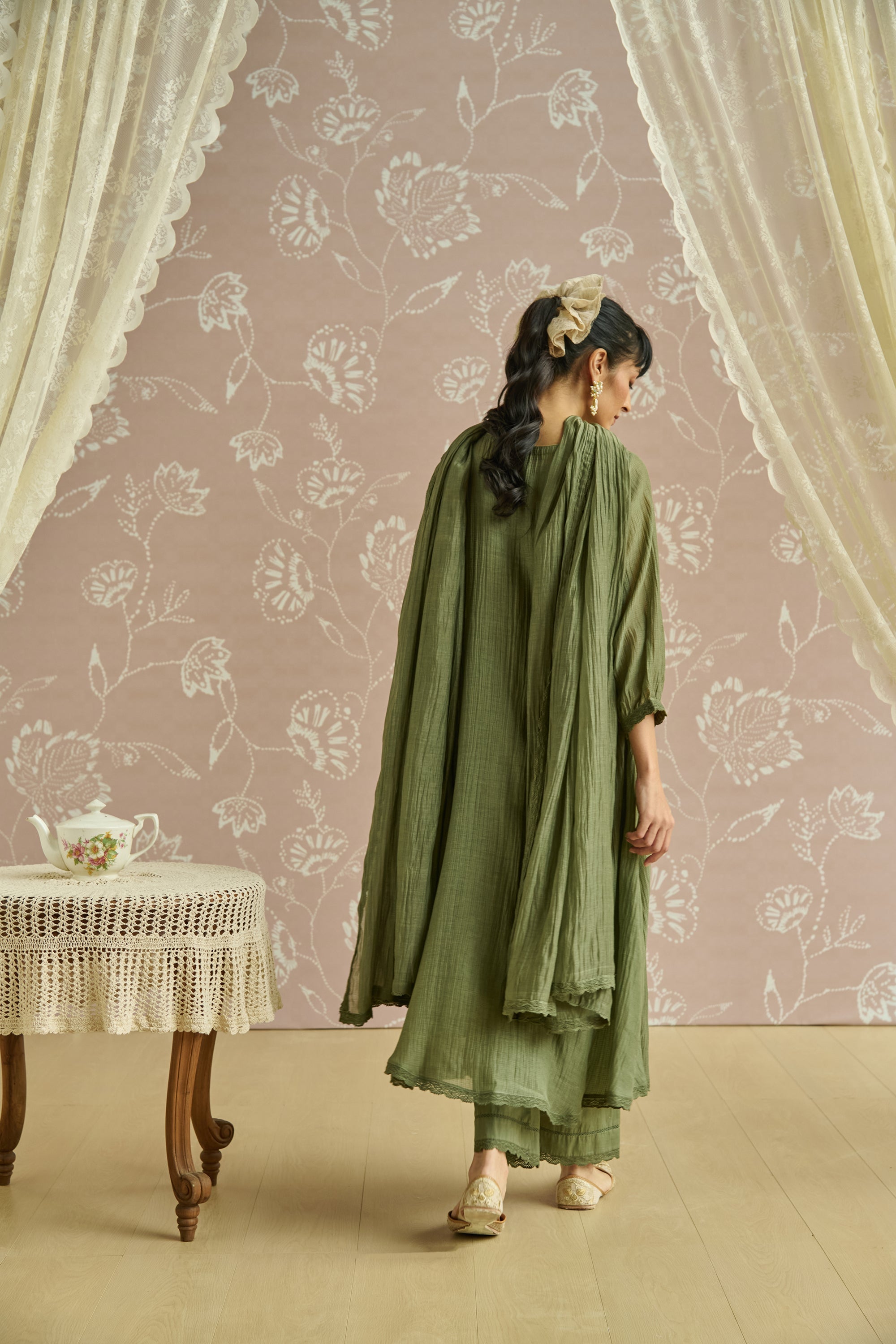 Green Handwoven Bead Embroidery Kurta Set