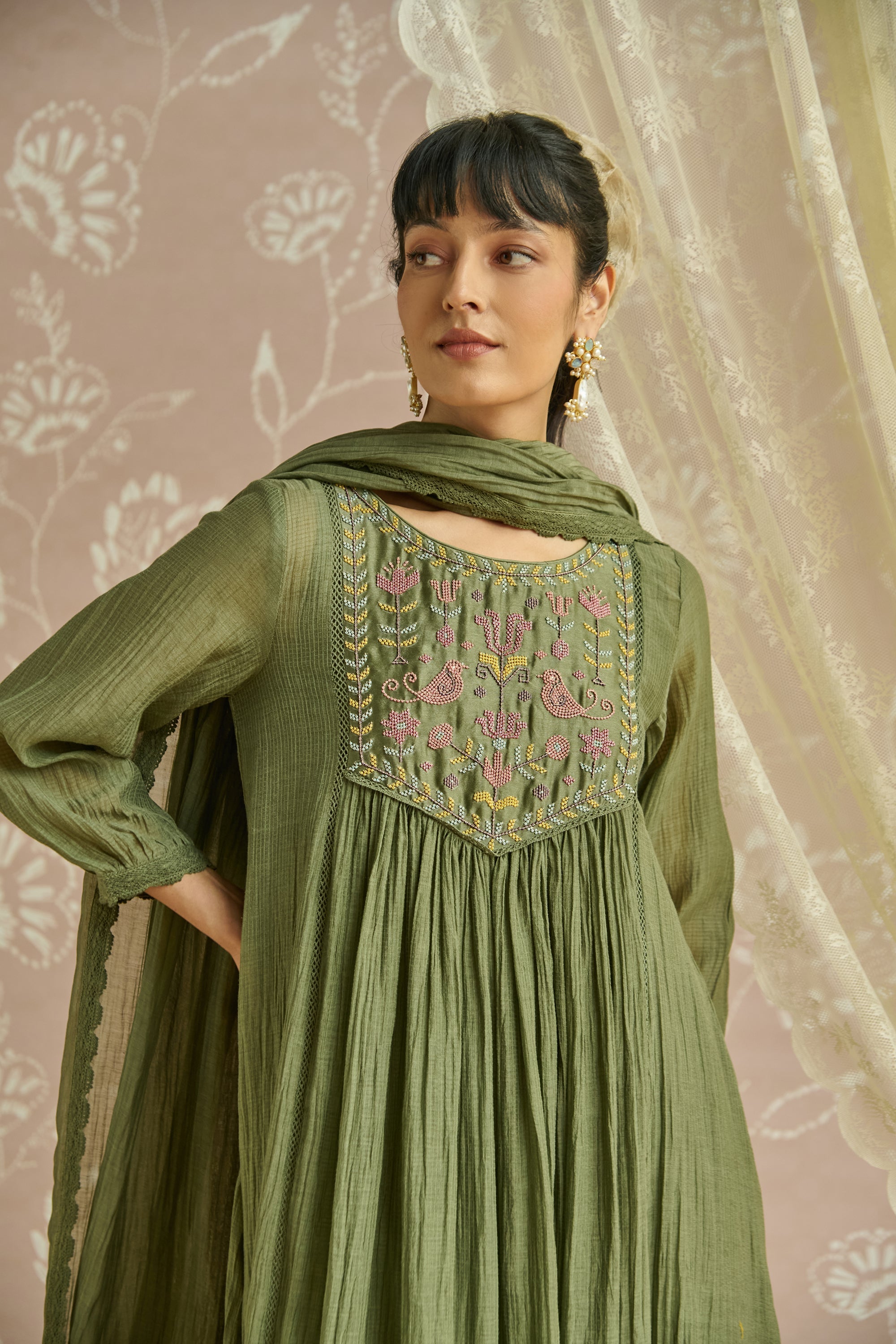 Green Handwoven Bead Embroidery Kurta Set