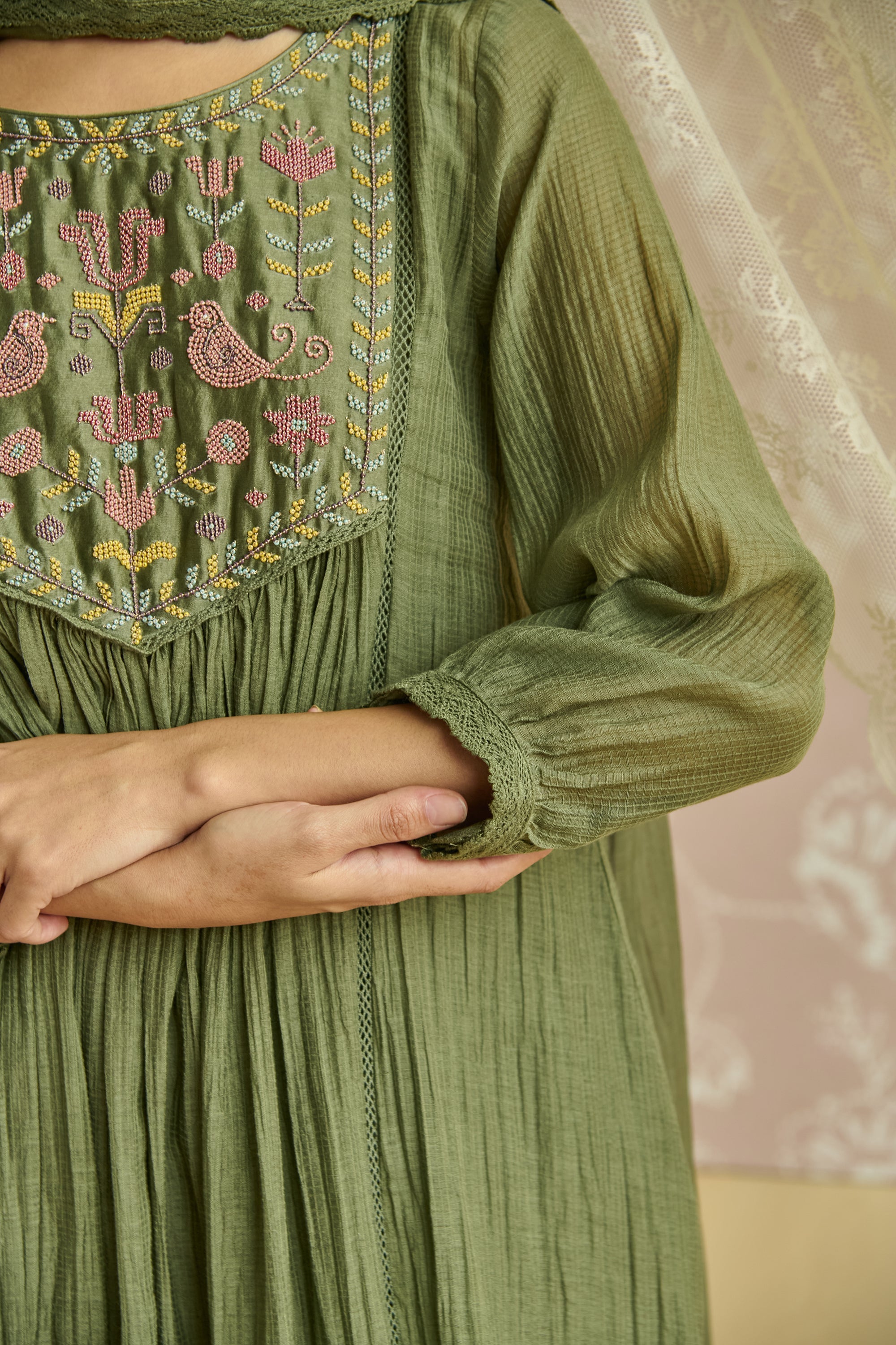 Green Handwoven Bead Embroidery Kurta Set