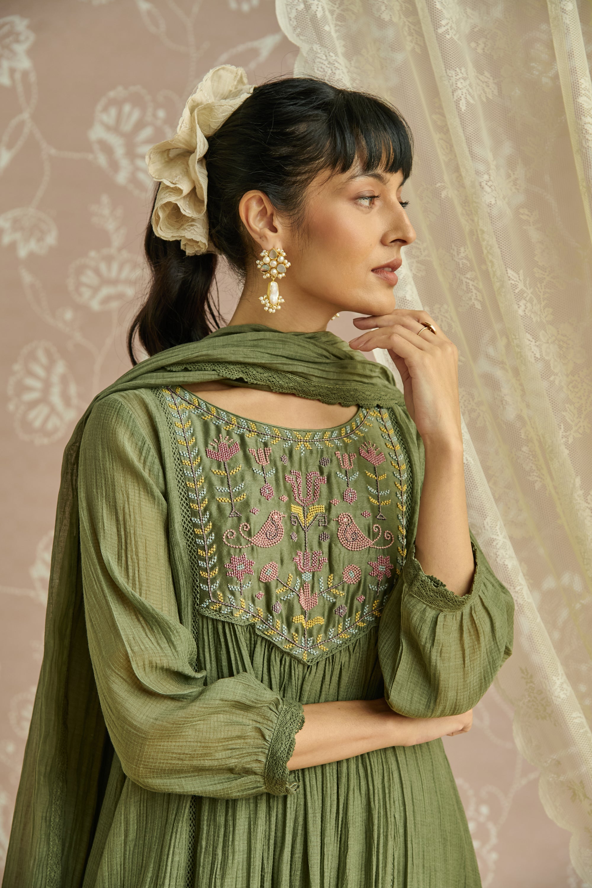 Green Handwoven Bead Embroidery Kurta Set
