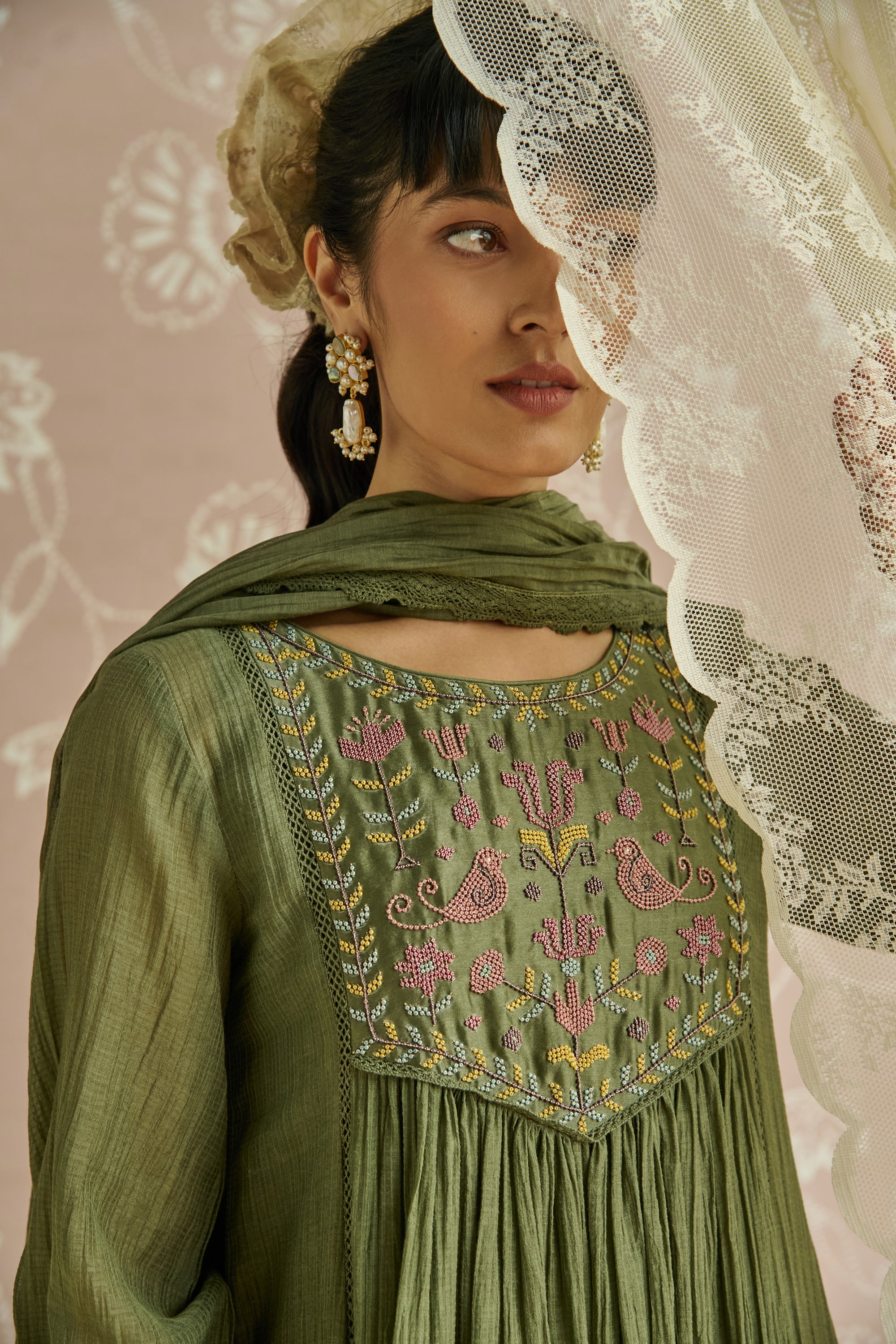 Green Handwoven Bead Embroidery Kurta Set