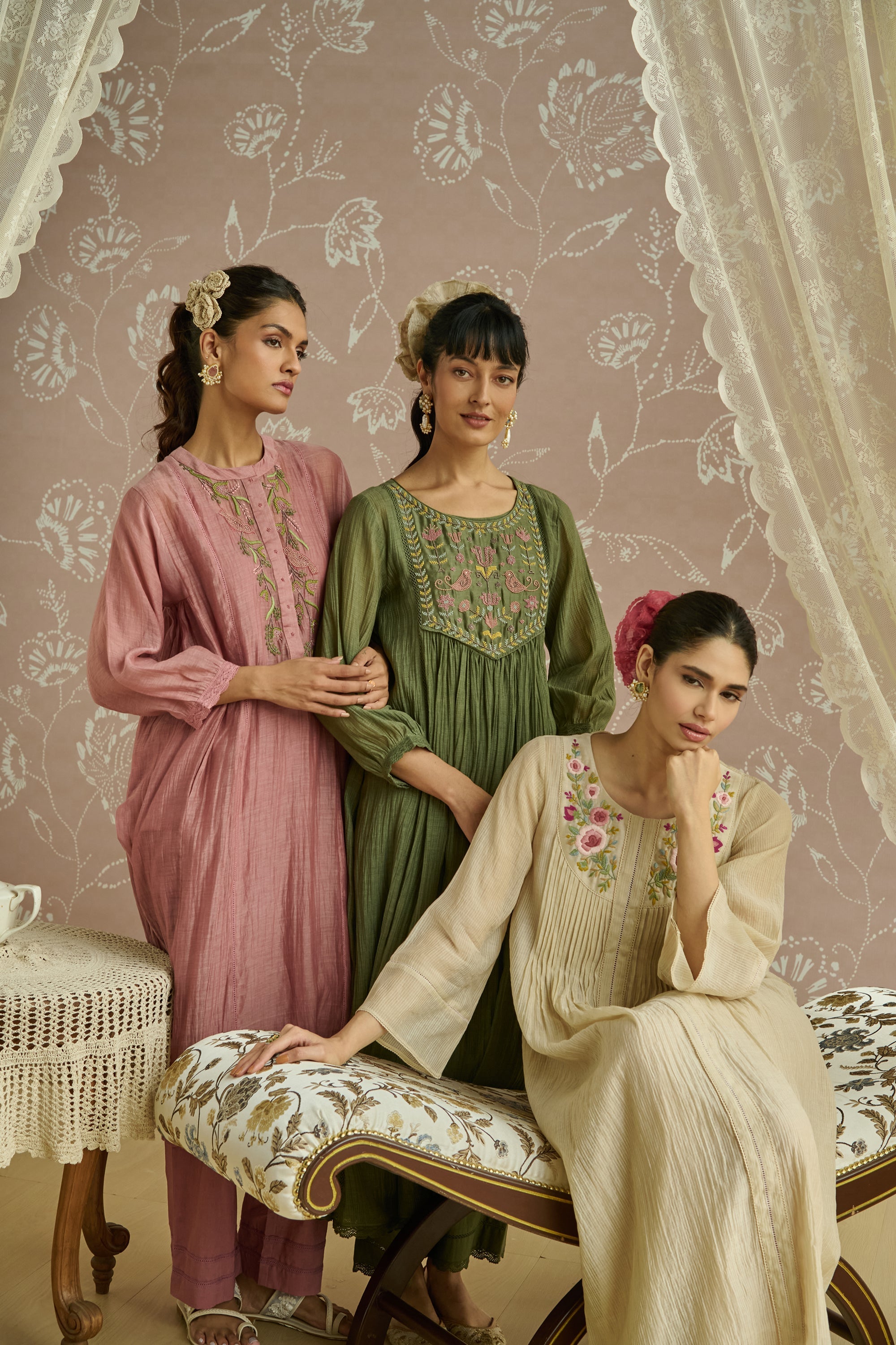 Green Handwoven Bead Embroidery Kurta Set