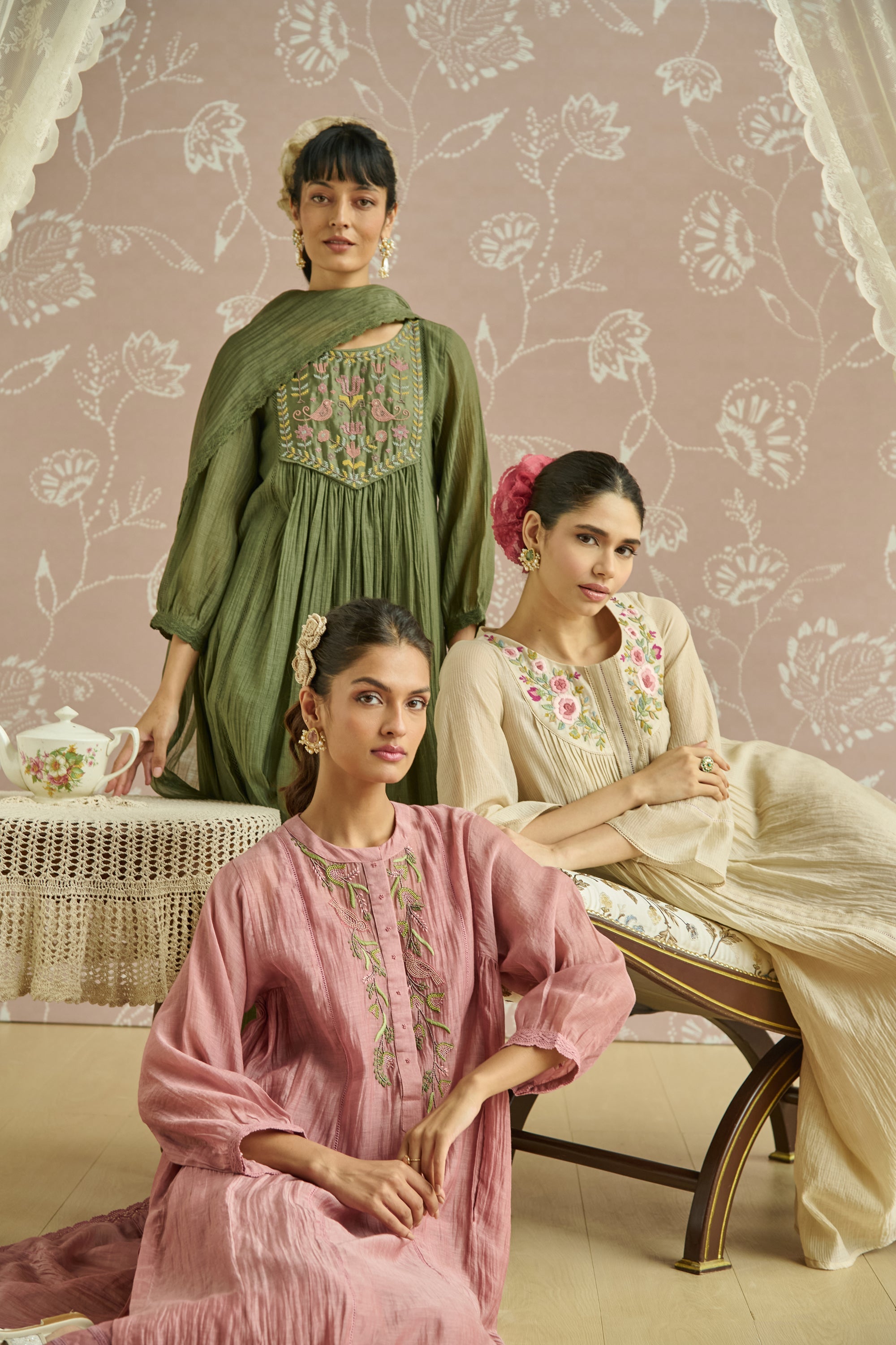 Green Handwoven Bead Embroidery Kurta Set