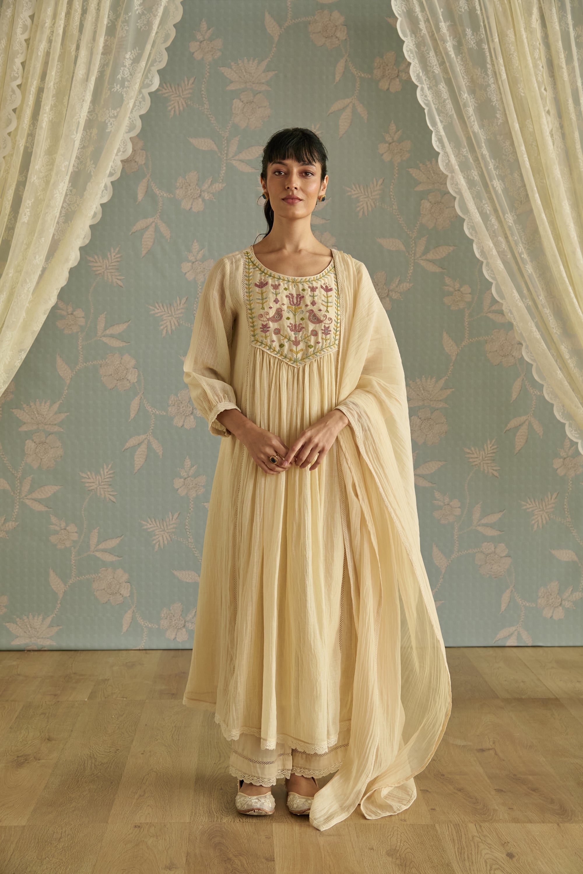 Ivory Handwoven Bead Embroidery Kurta Set