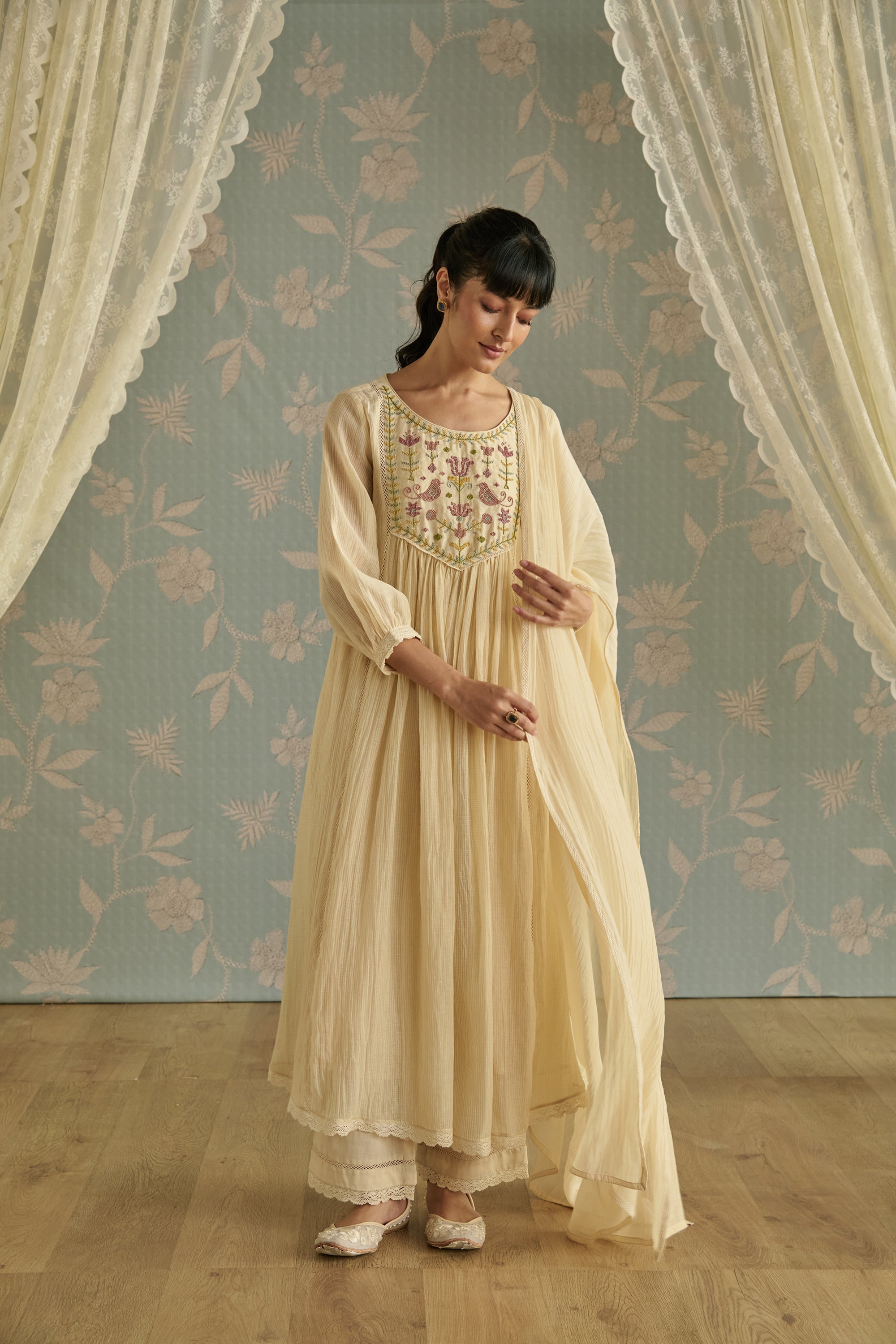 Ivory Handwoven Bead Embroidery Kurta Set
