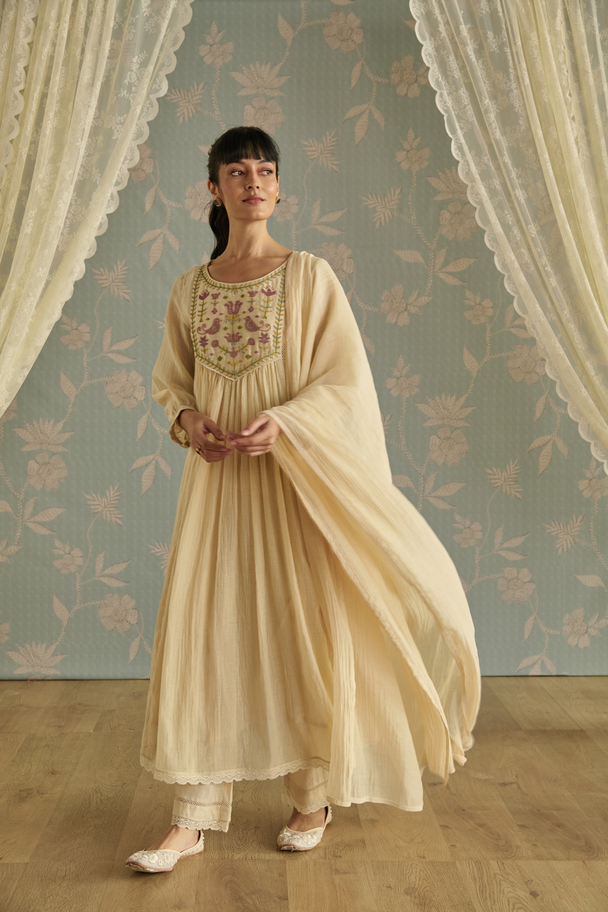 Ivory Handwoven Bead Embroidery Kurta Set