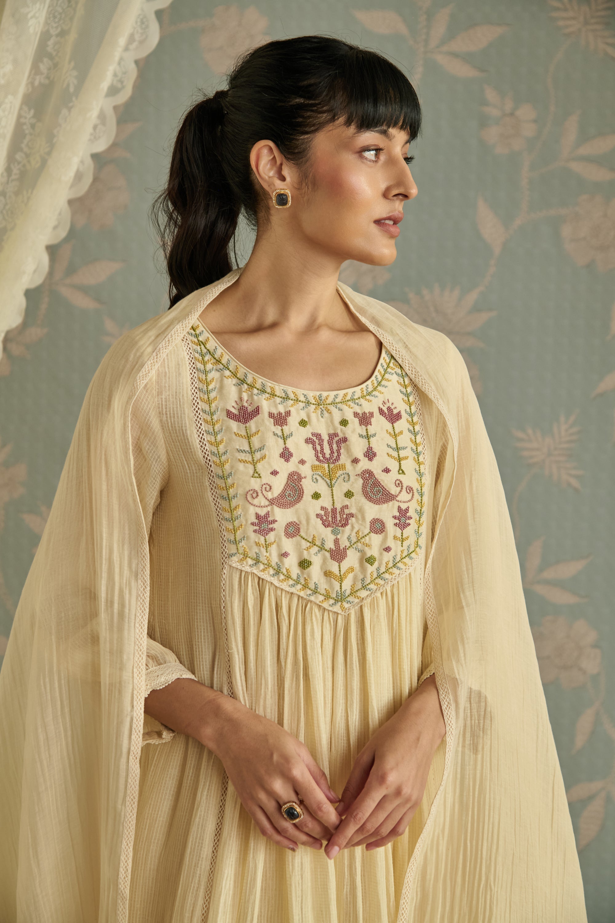 Ivory Handwoven Bead Embroidery Kurta Set