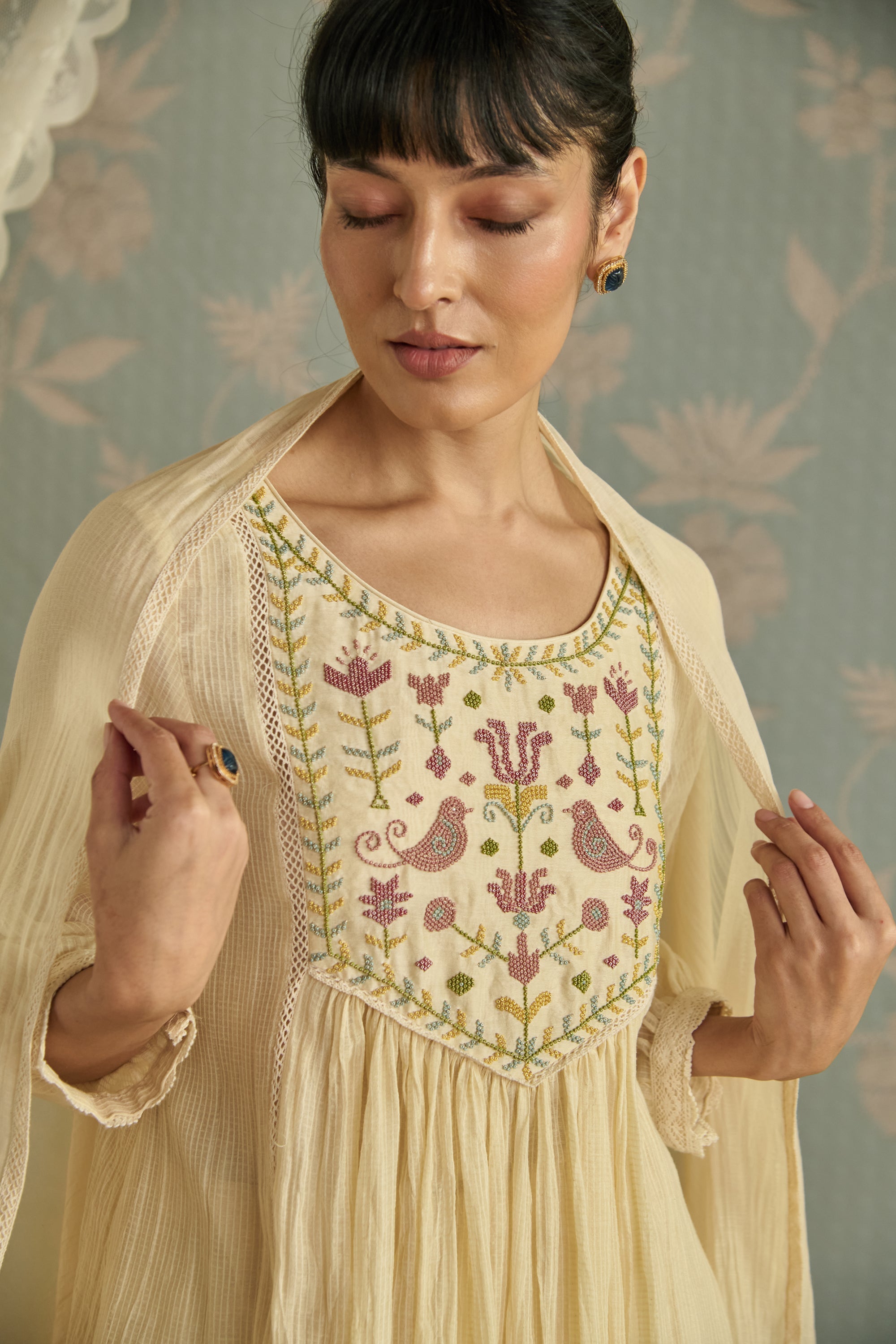 Ivory Handwoven Bead Embroidery Kurta Set