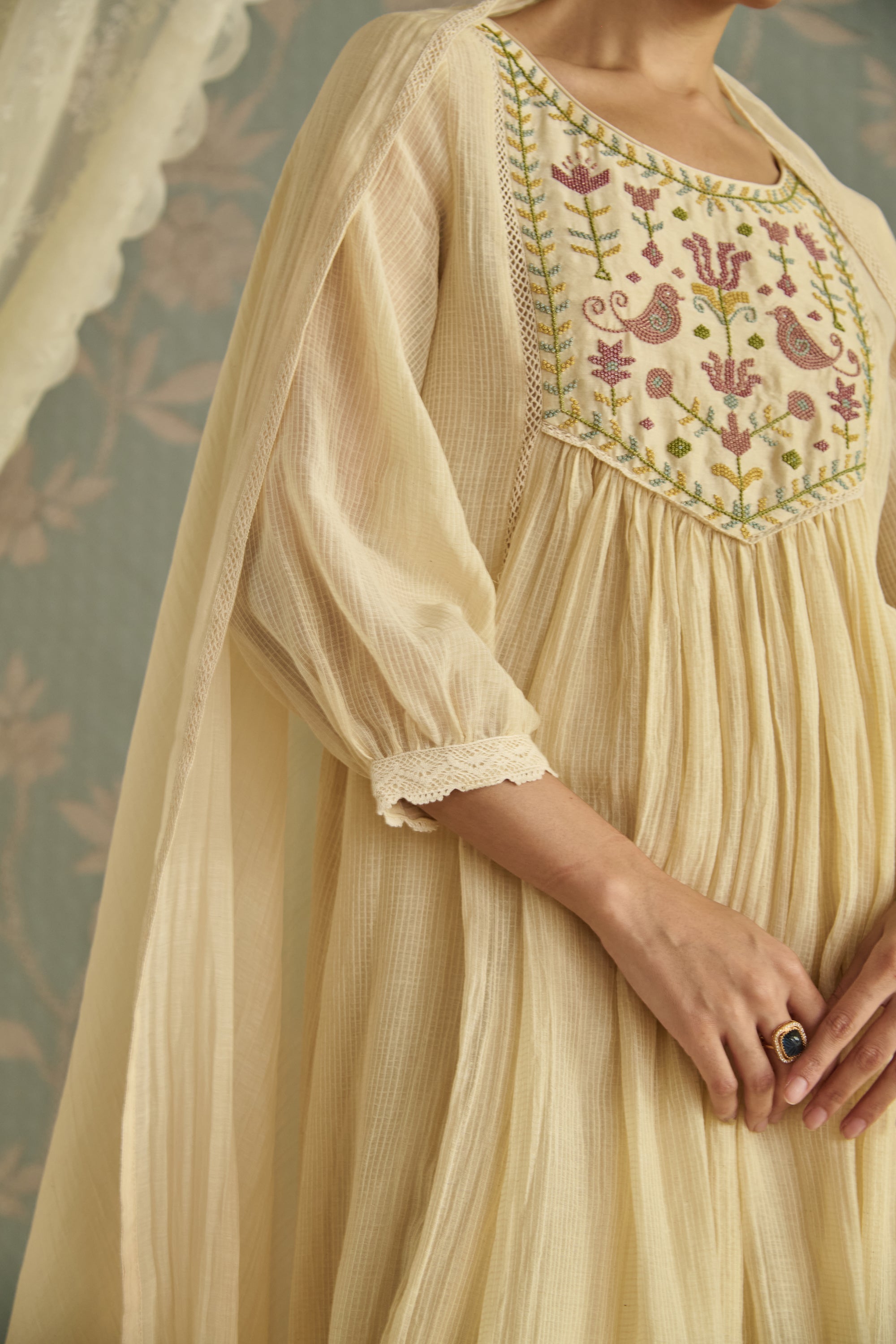 Ivory Handwoven Bead Embroidery Kurta Set