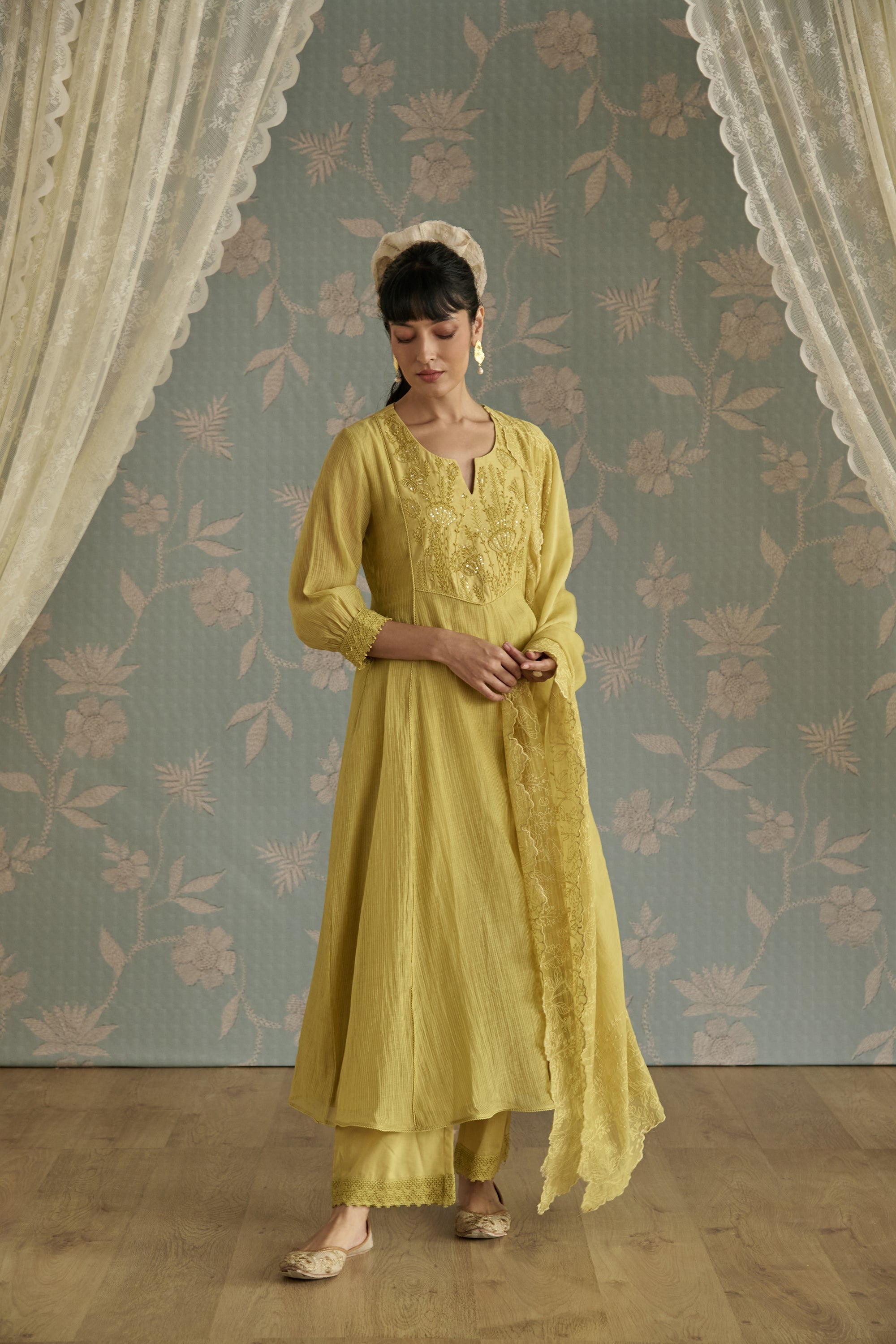Lemon Yellow Dori Embroidered A-Line Kurta Set