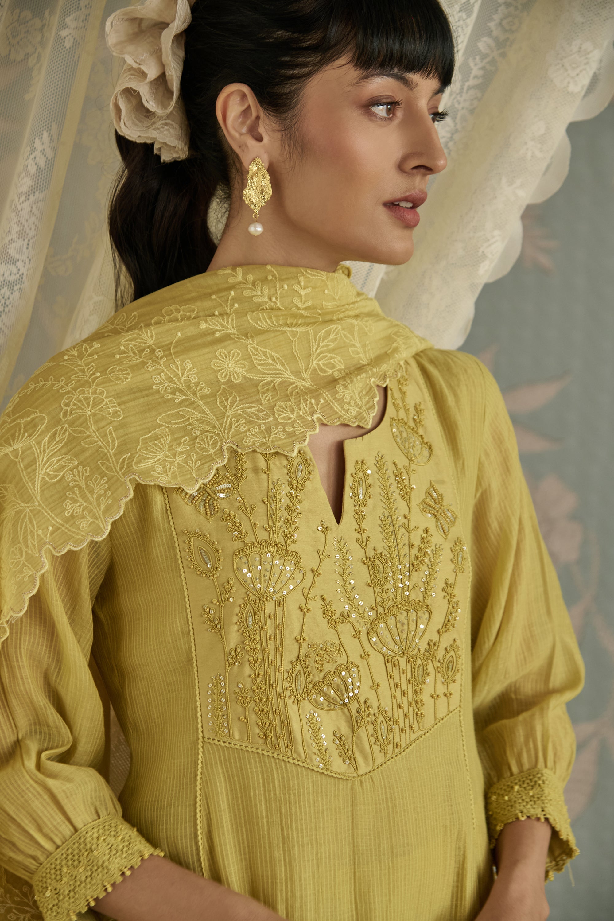Lemon Yellow Dori Embroidered A-Line Kurta Set