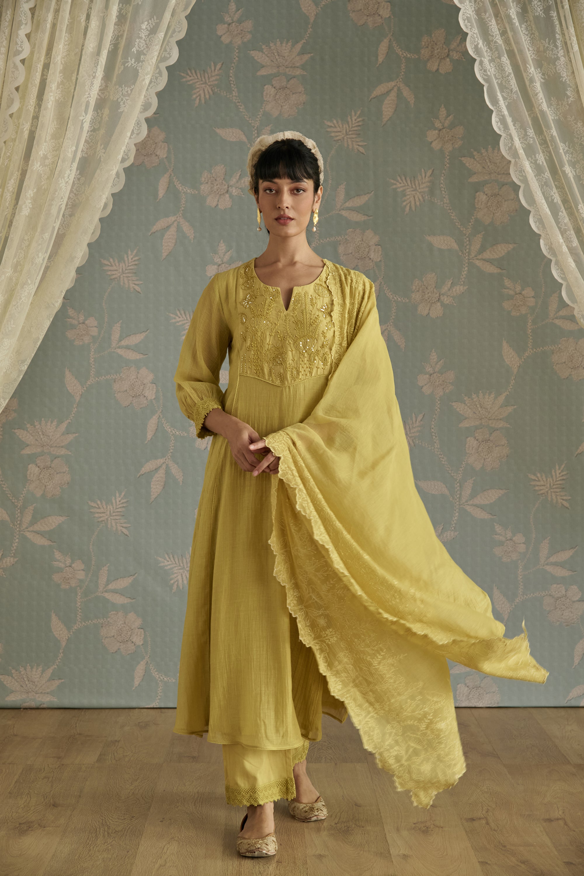 Lemon Yellow Dori Embroidered A-Line Kurta Set