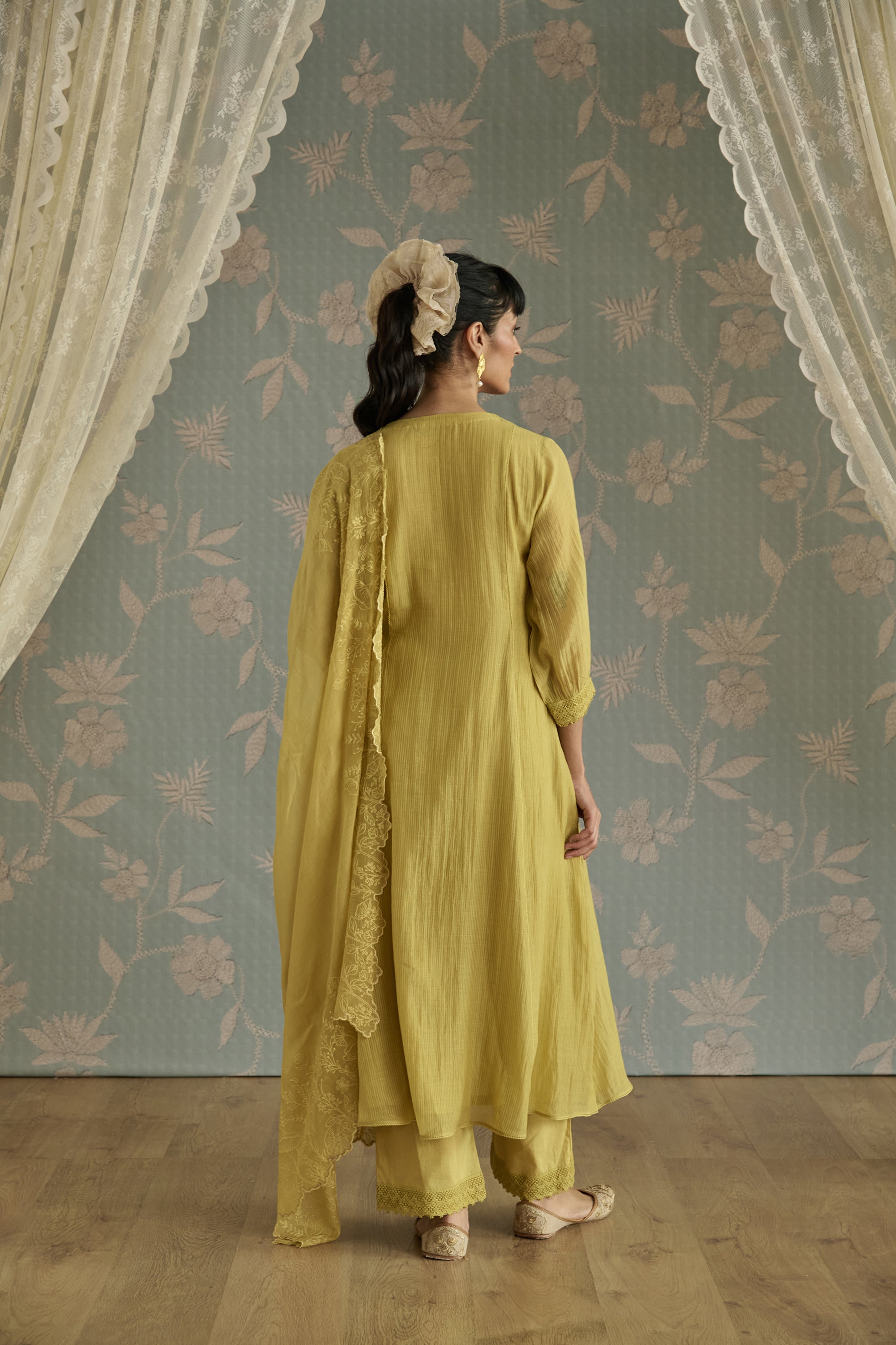 Lemon Yellow Dori Embroidered A-Line Kurta Set