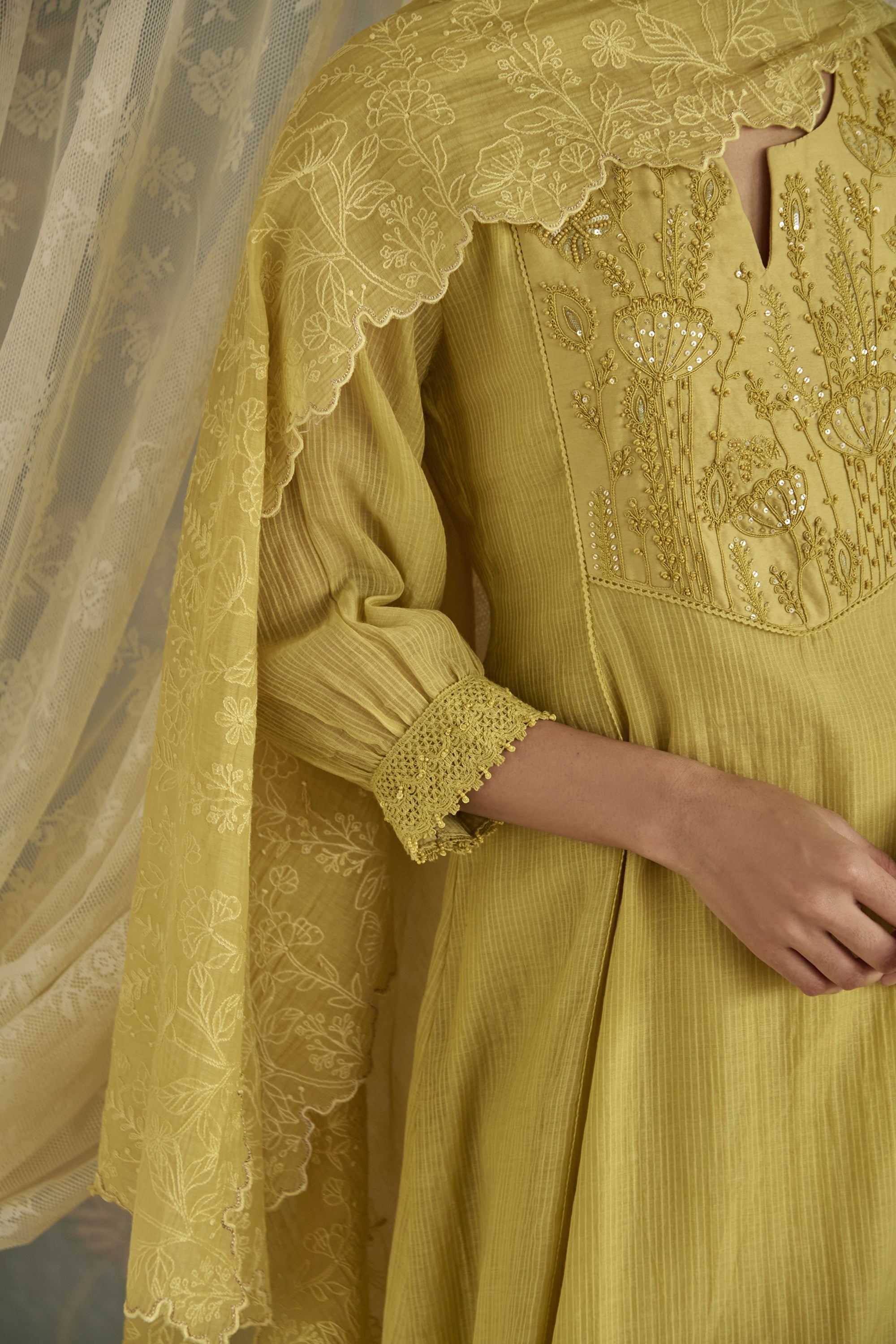 Lemon Yellow Dori Embroidered A-Line Kurta Set