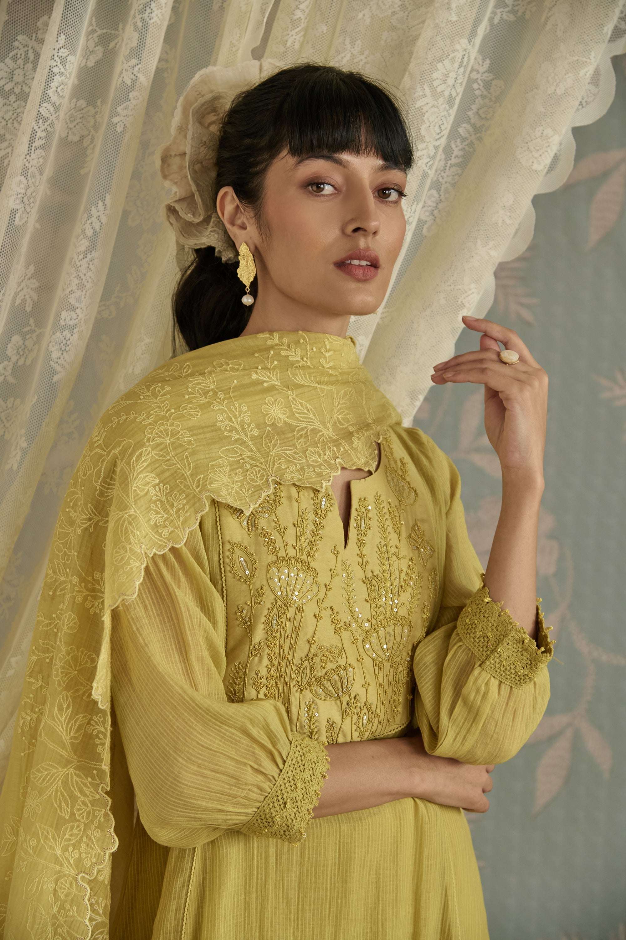 Lemon Yellow Dori Embroidered A-Line Kurta Set