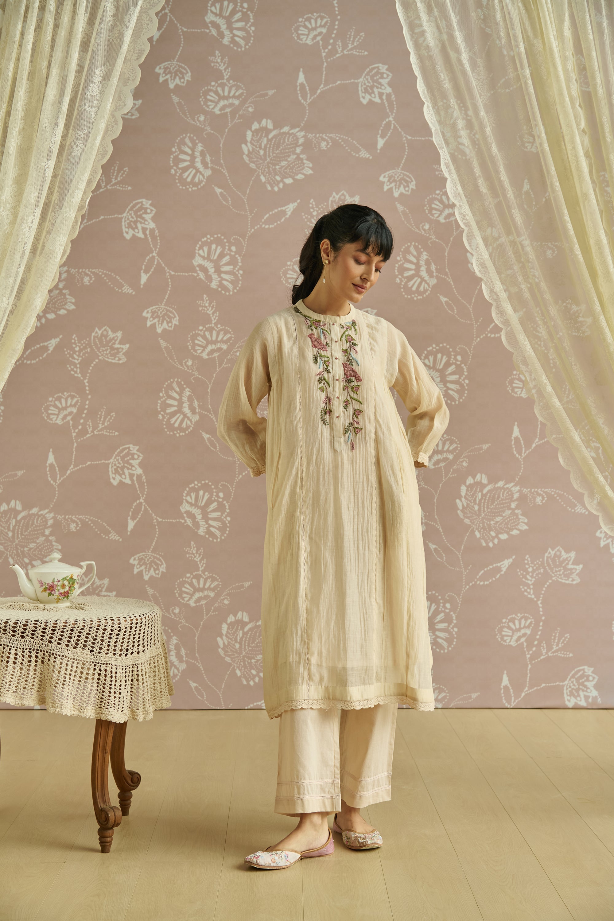 Ivory Bird Motif Embroidery Co-Ord Set