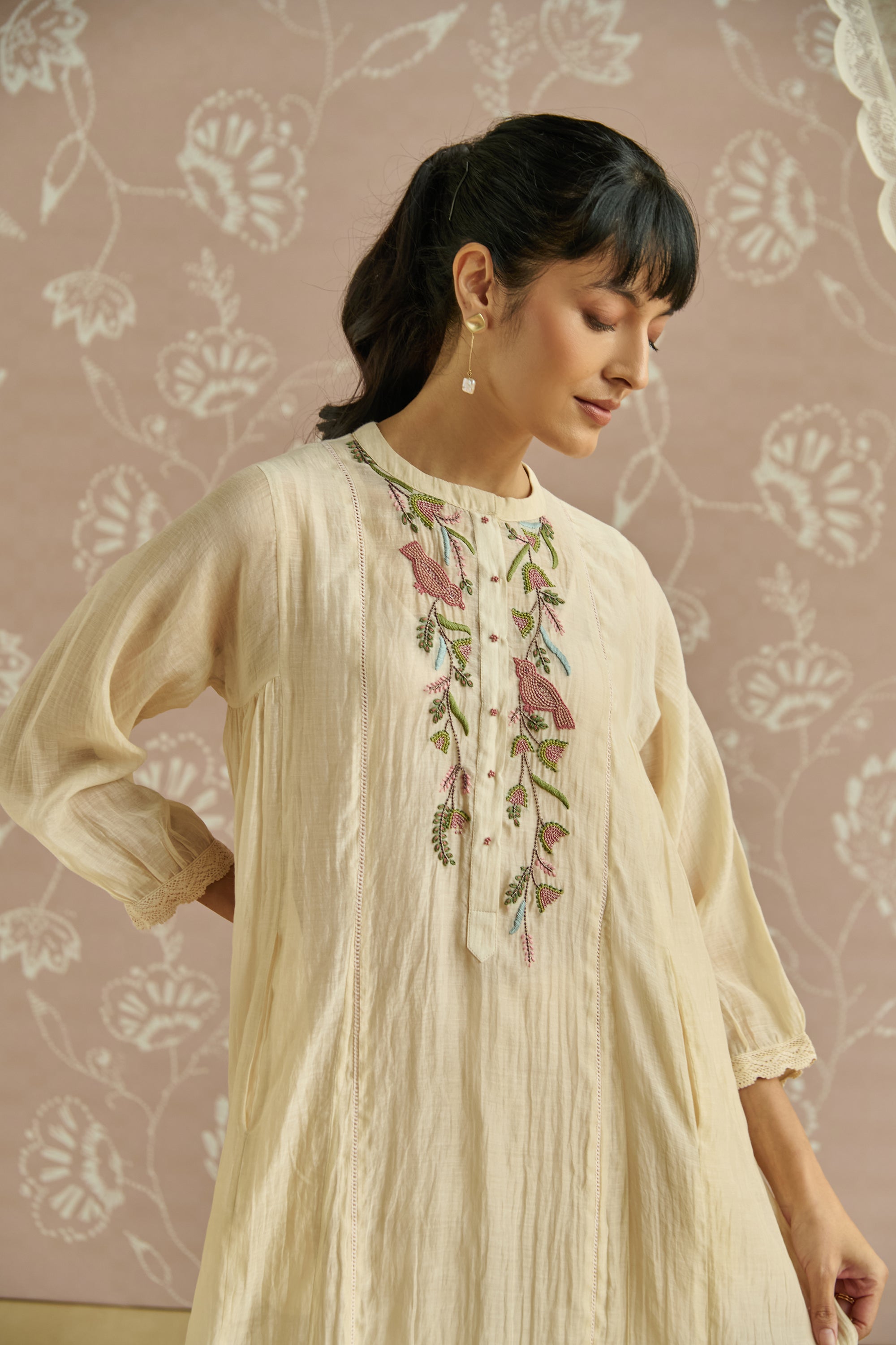Ivory Bird Motif Embroidery Co-Ord Set