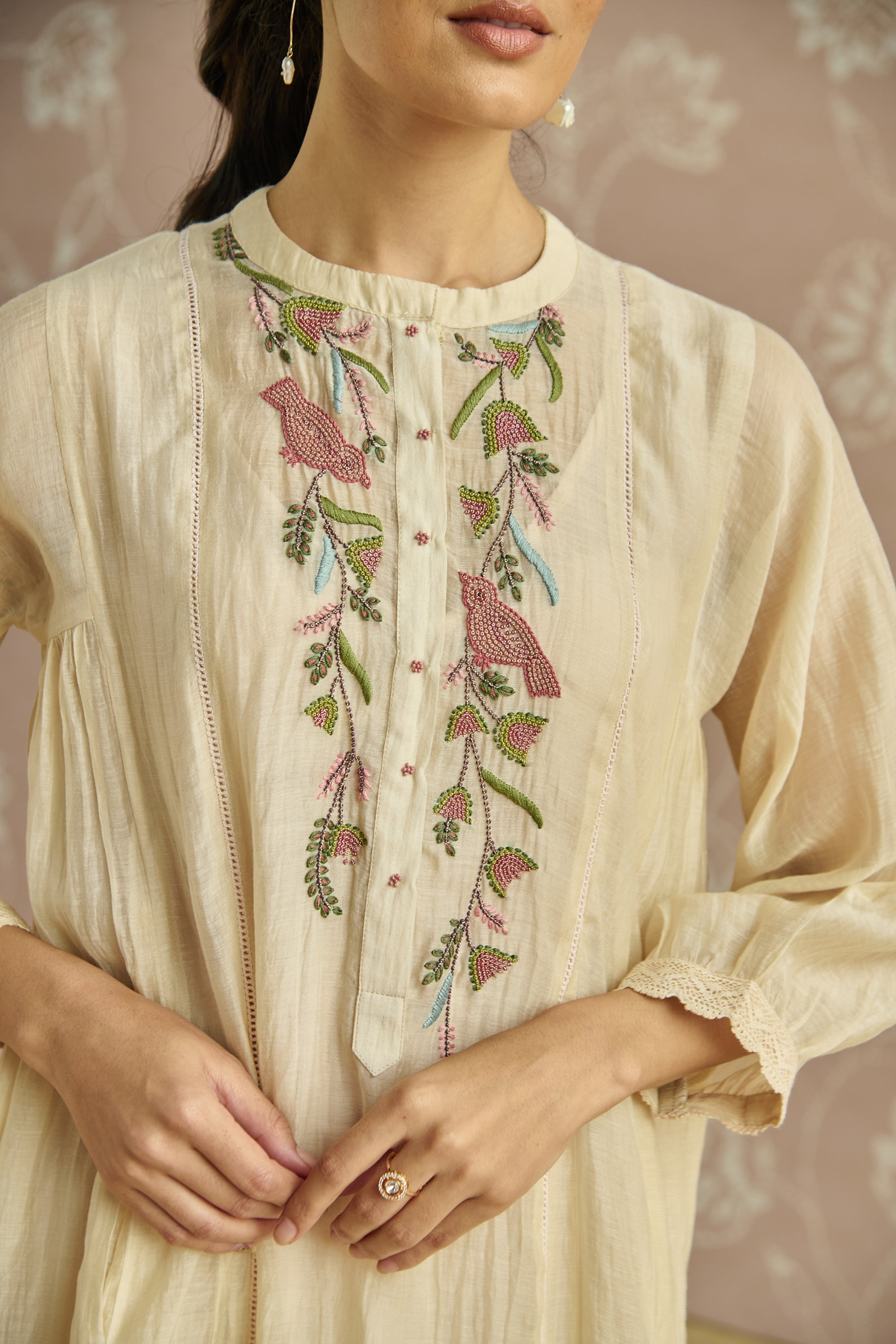 Ivory Bird Motif Embroidery Co-Ord Set