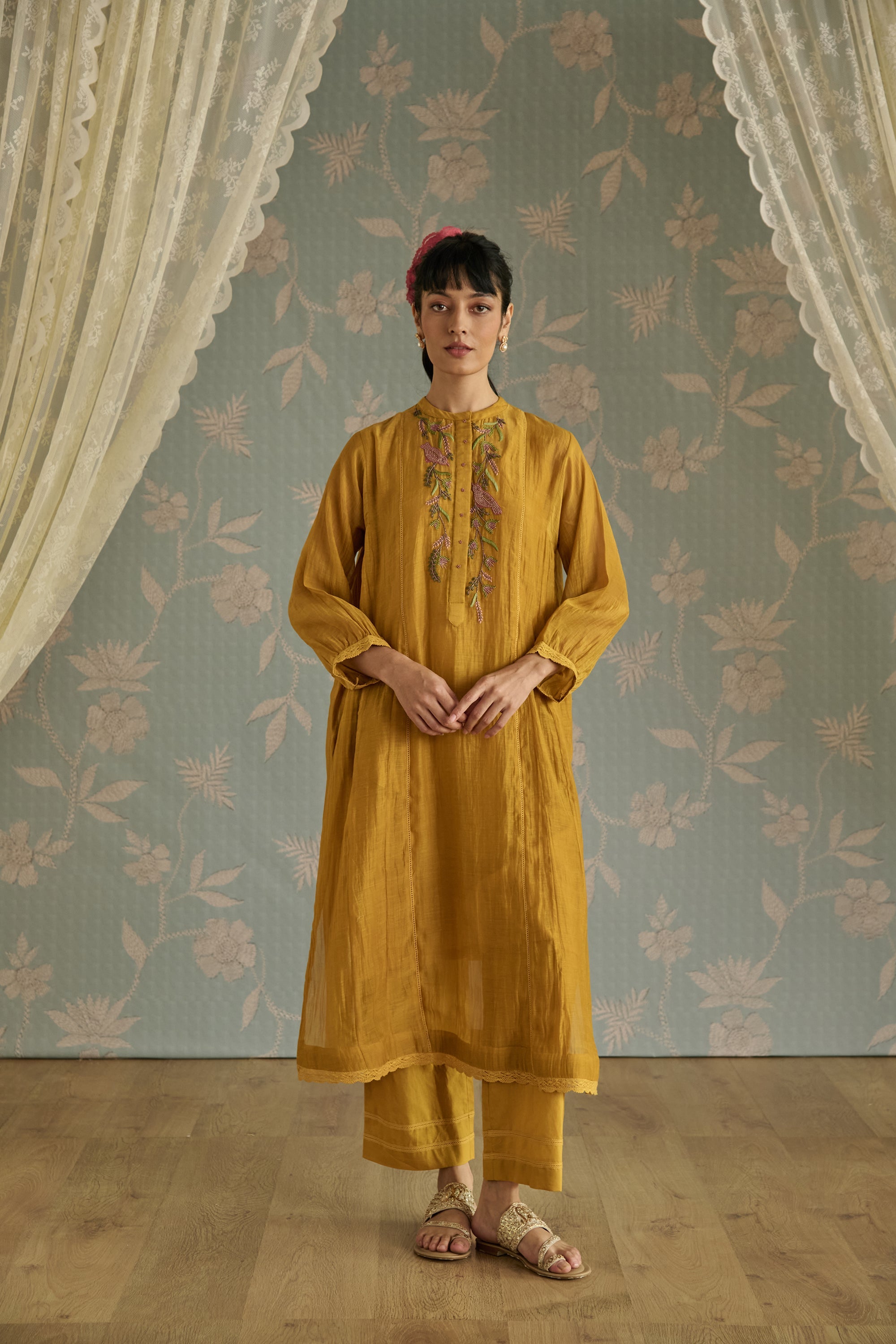 Yellow Bird Motif Embroidery Co-Ord Set