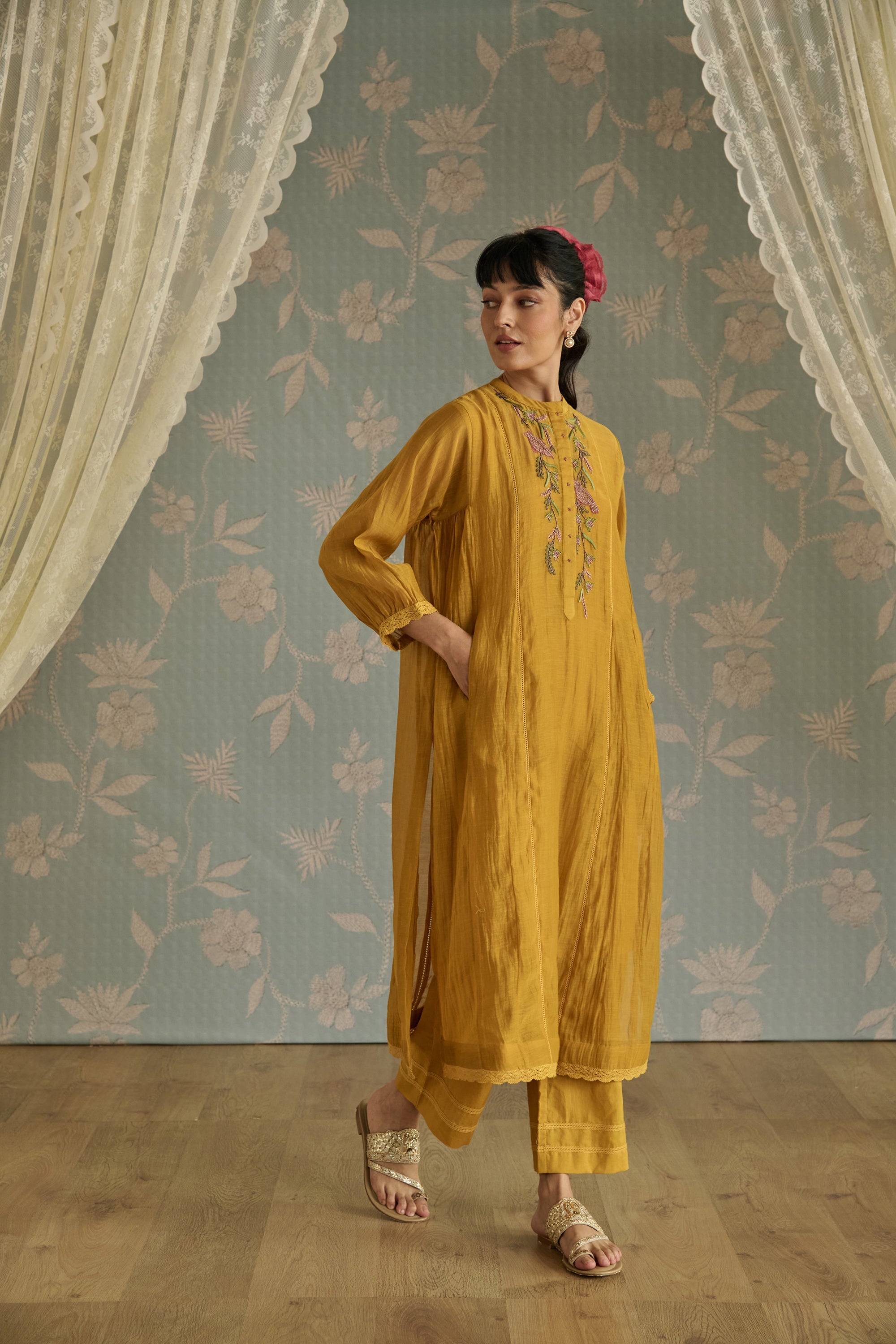 Yellow Bird Motif Embroidery Co-Ord Set