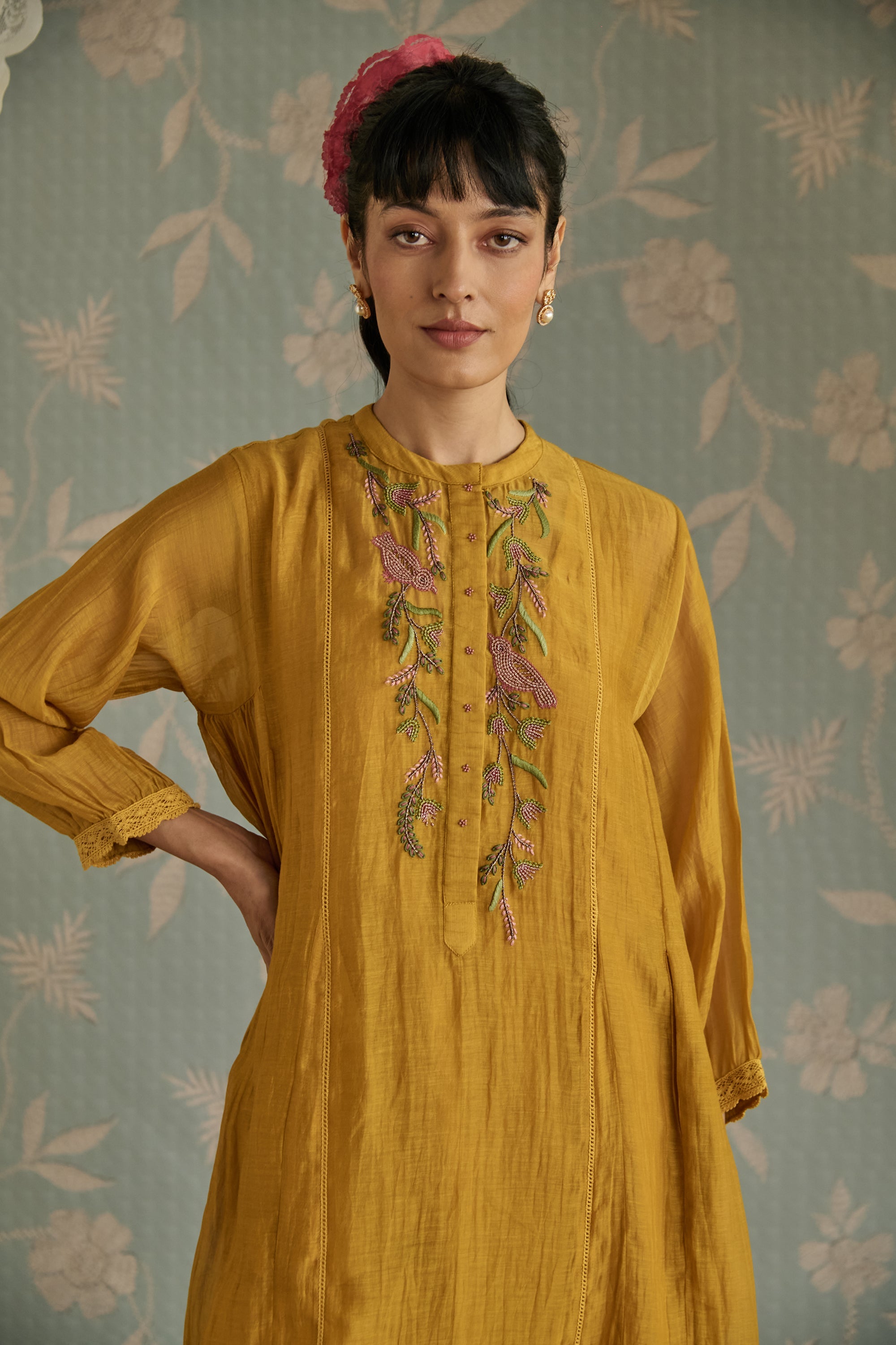 Yellow Bird Motif Embroidery Co-Ord Set