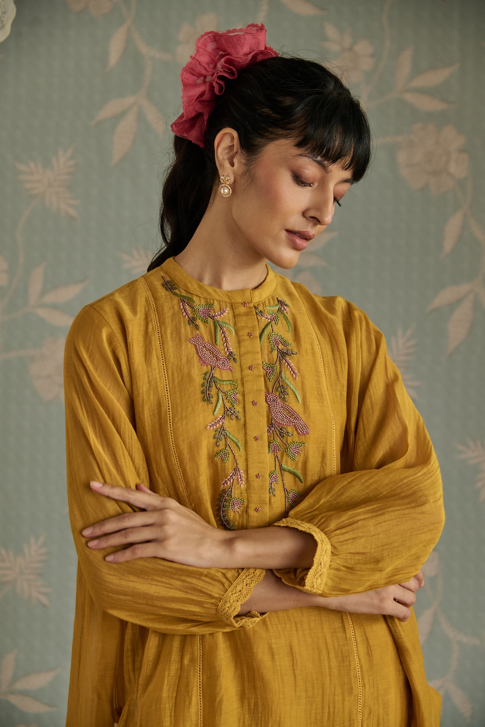 Yellow Bird Motif Embroidery Co-Ord Set