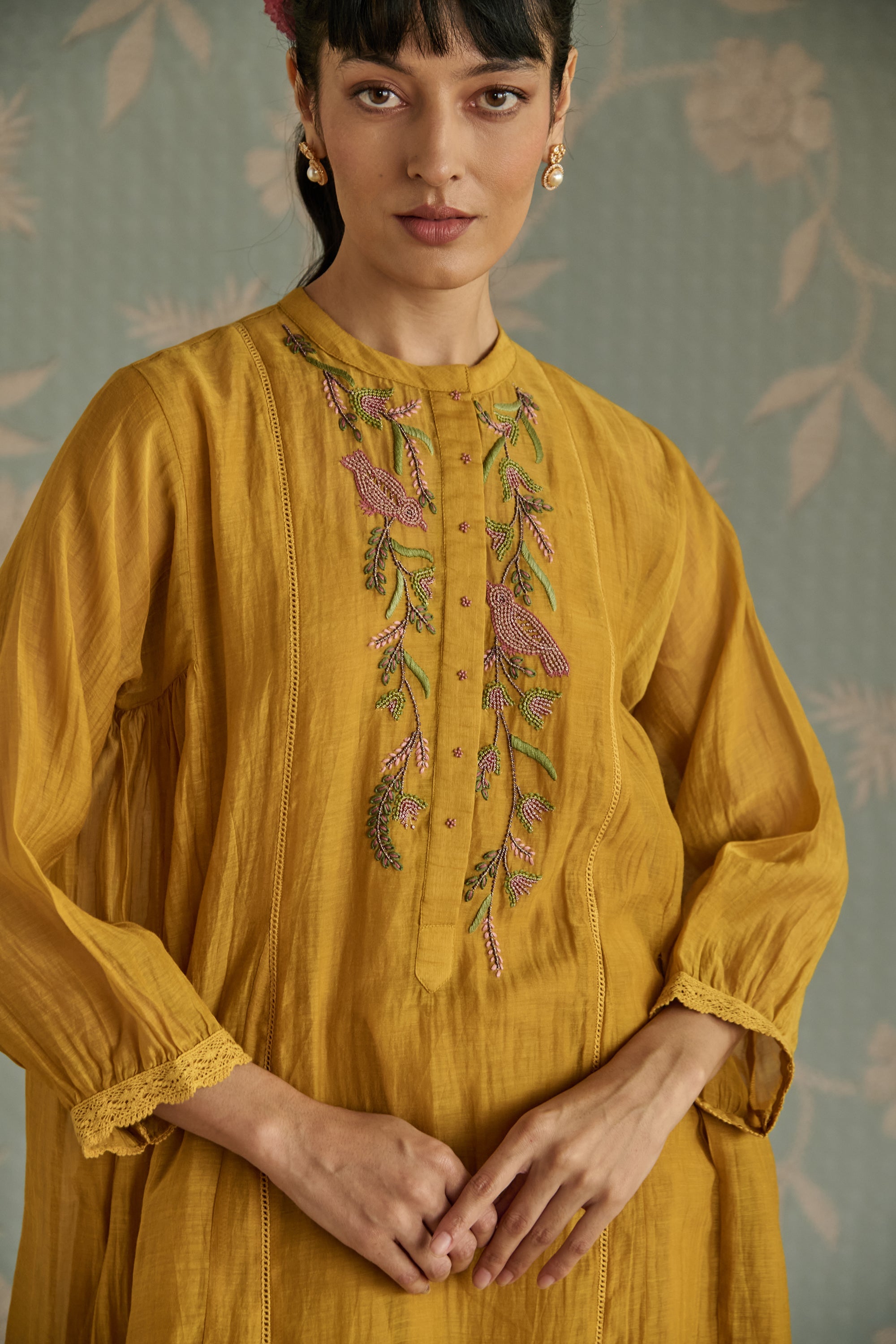 Yellow Bird Motif Embroidery Co-Ord Set