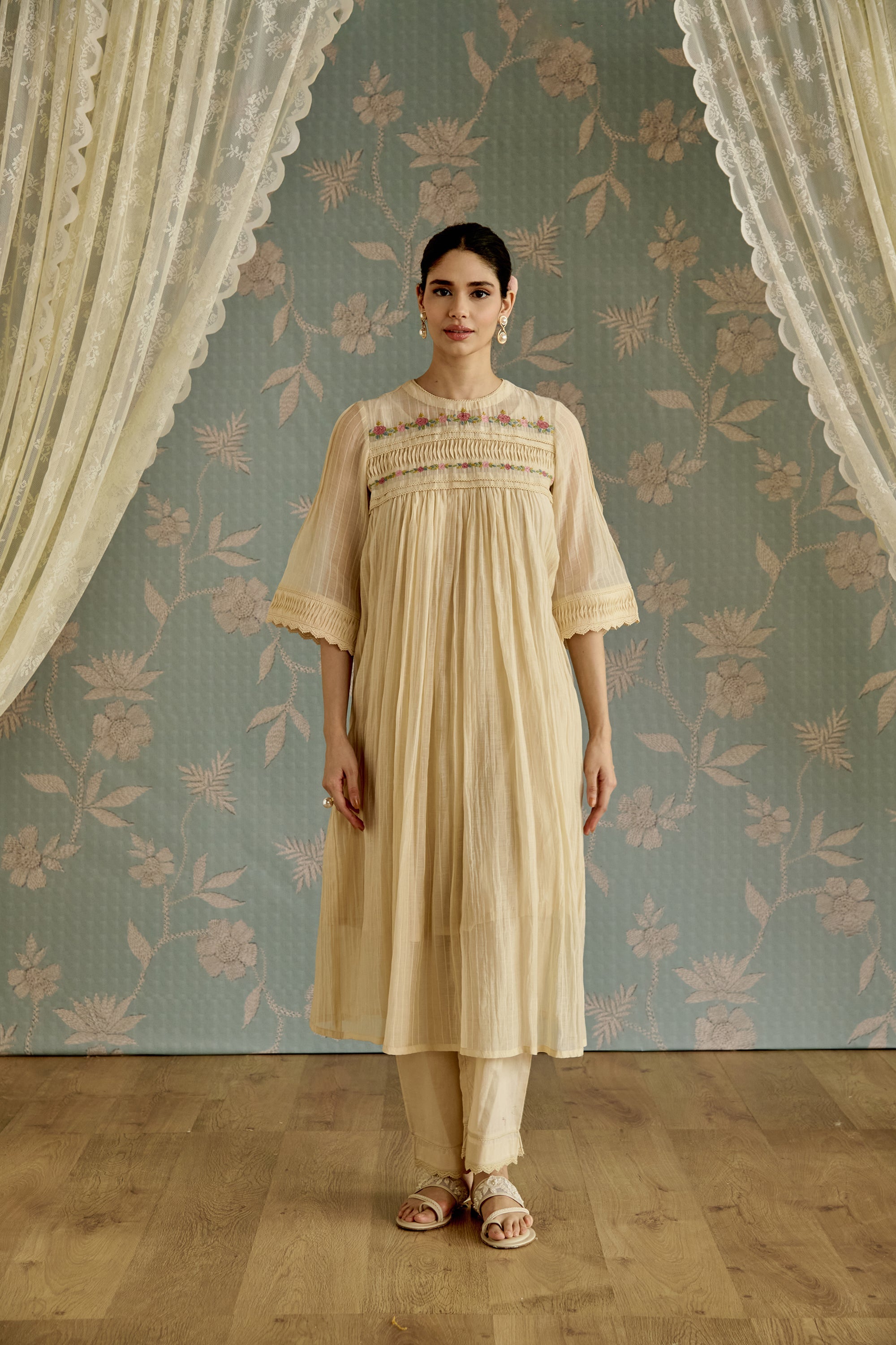 Ivory Self Stripe Floral Pintuck Tunic