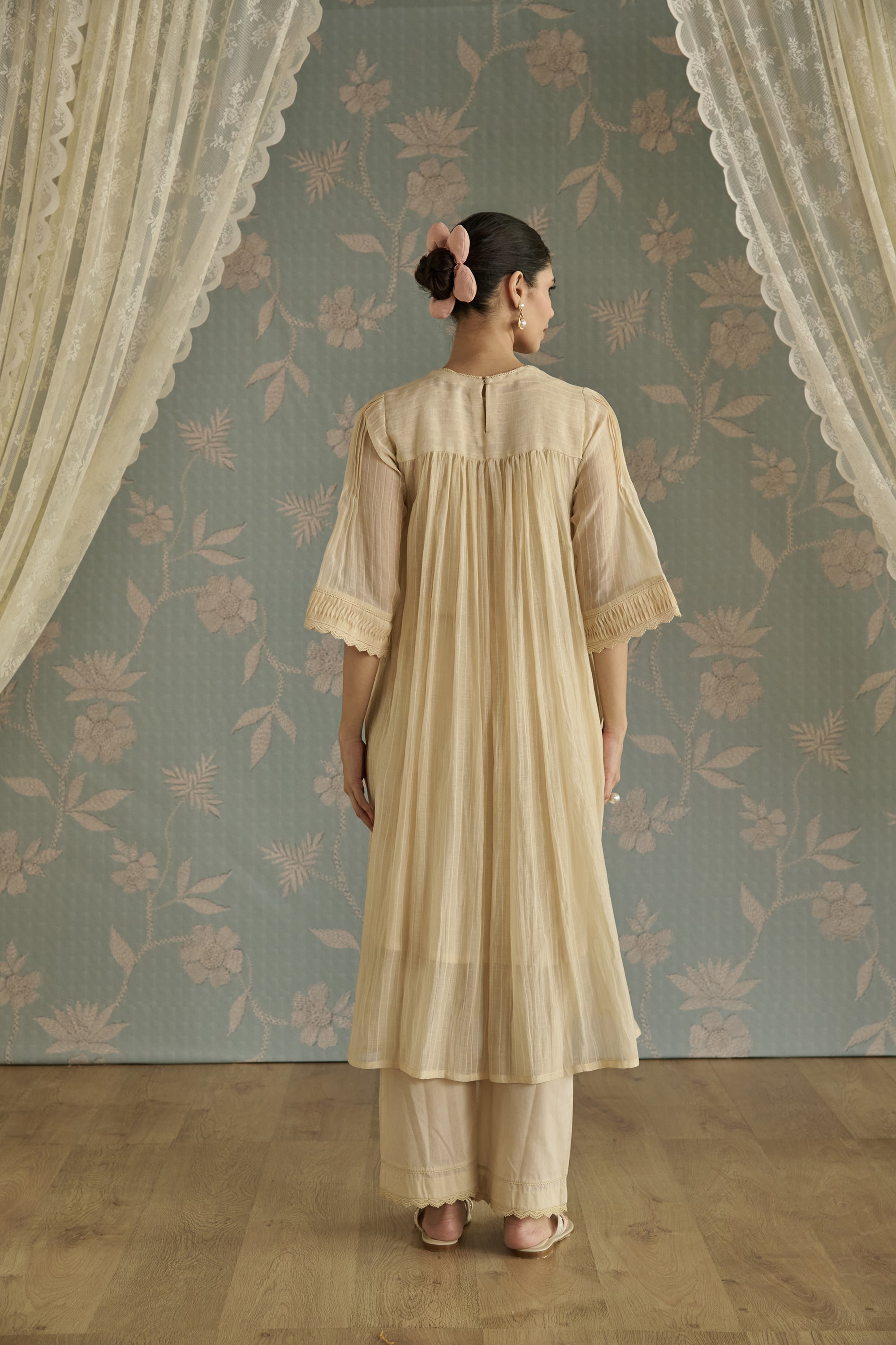 Ivory Self Stripe Floral Pintuck Tunic