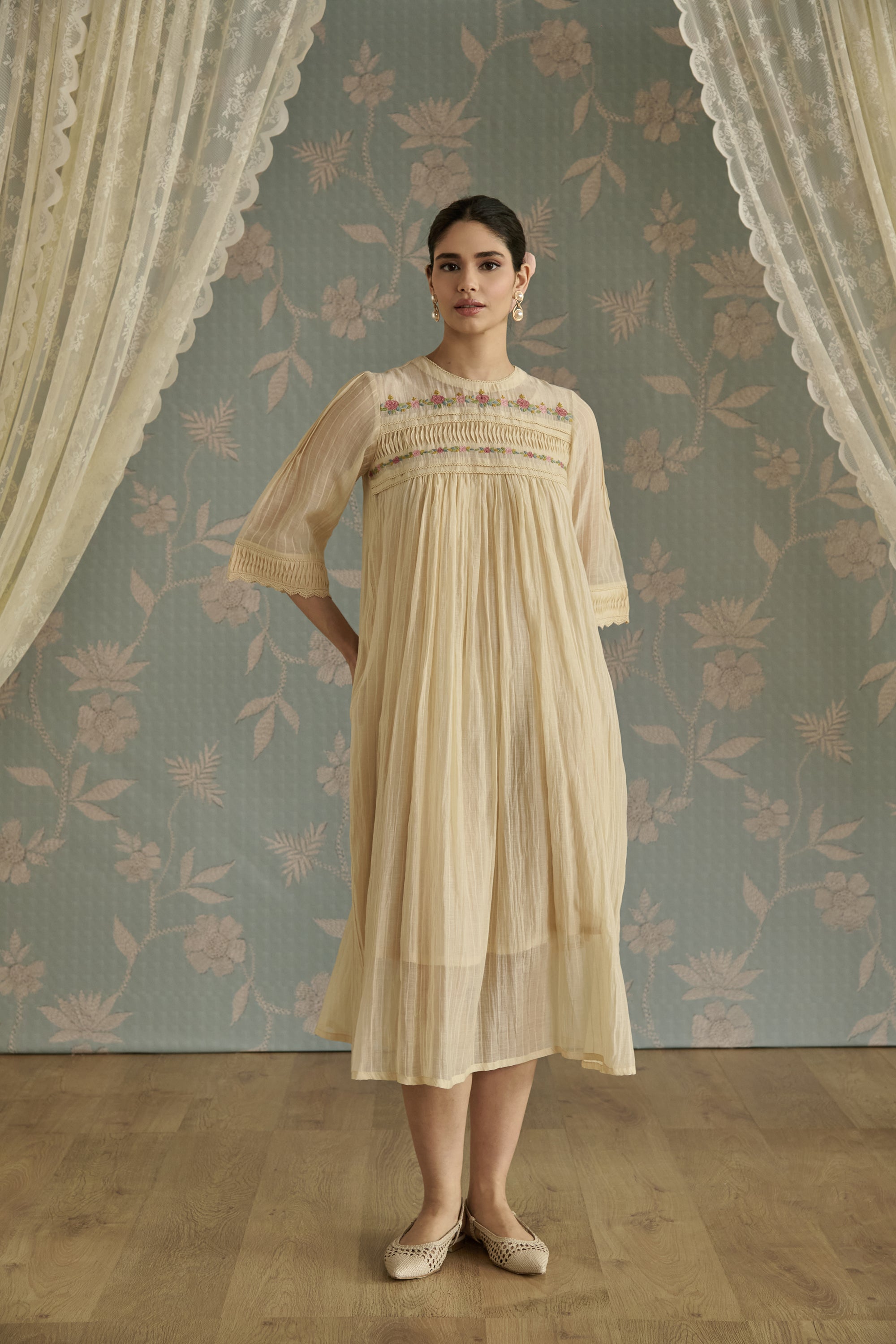 Ivory Self Stripe Floral Pintuck Tunic