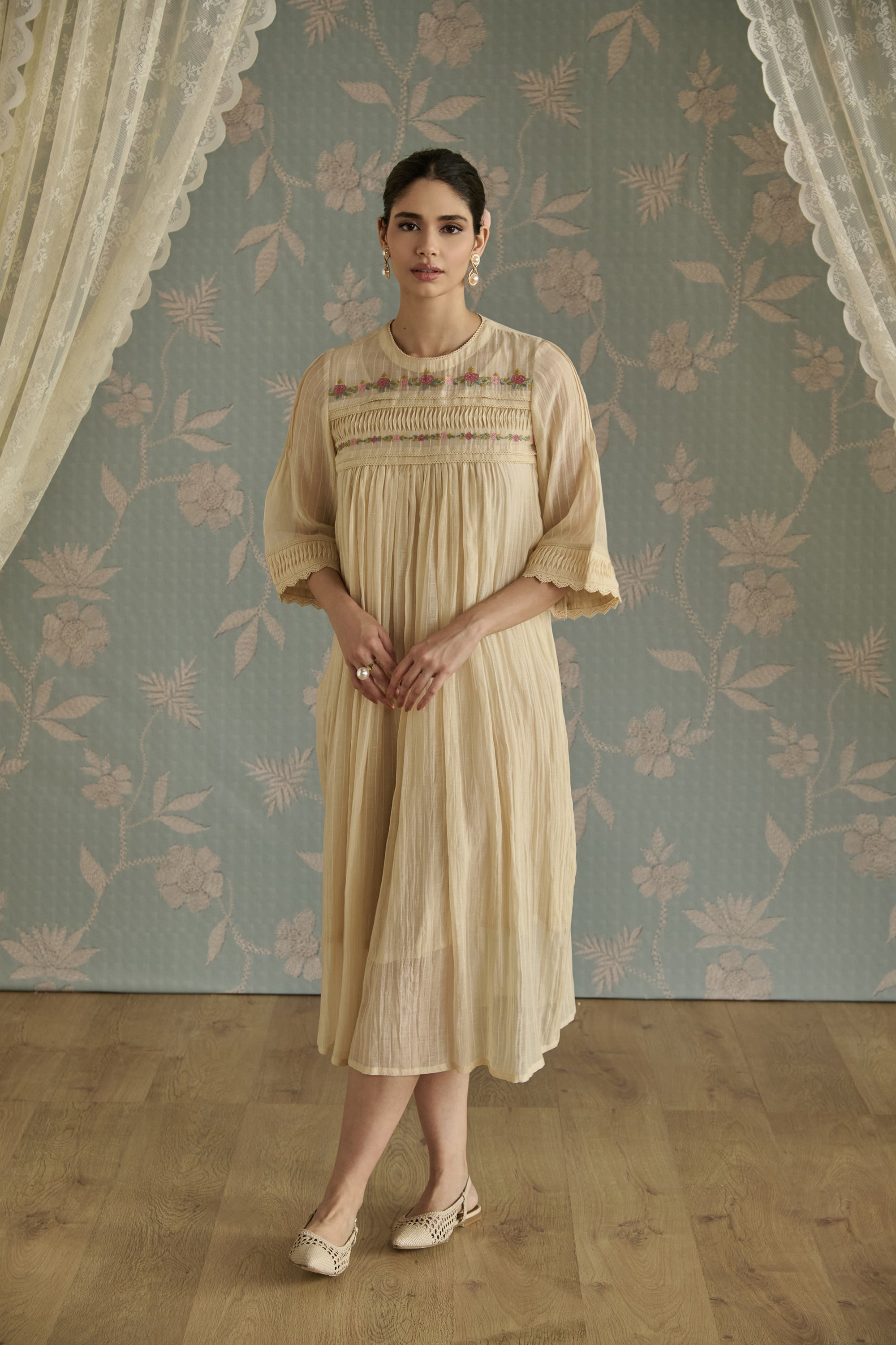 Ivory Self Stripe Floral Pintuck Tunic