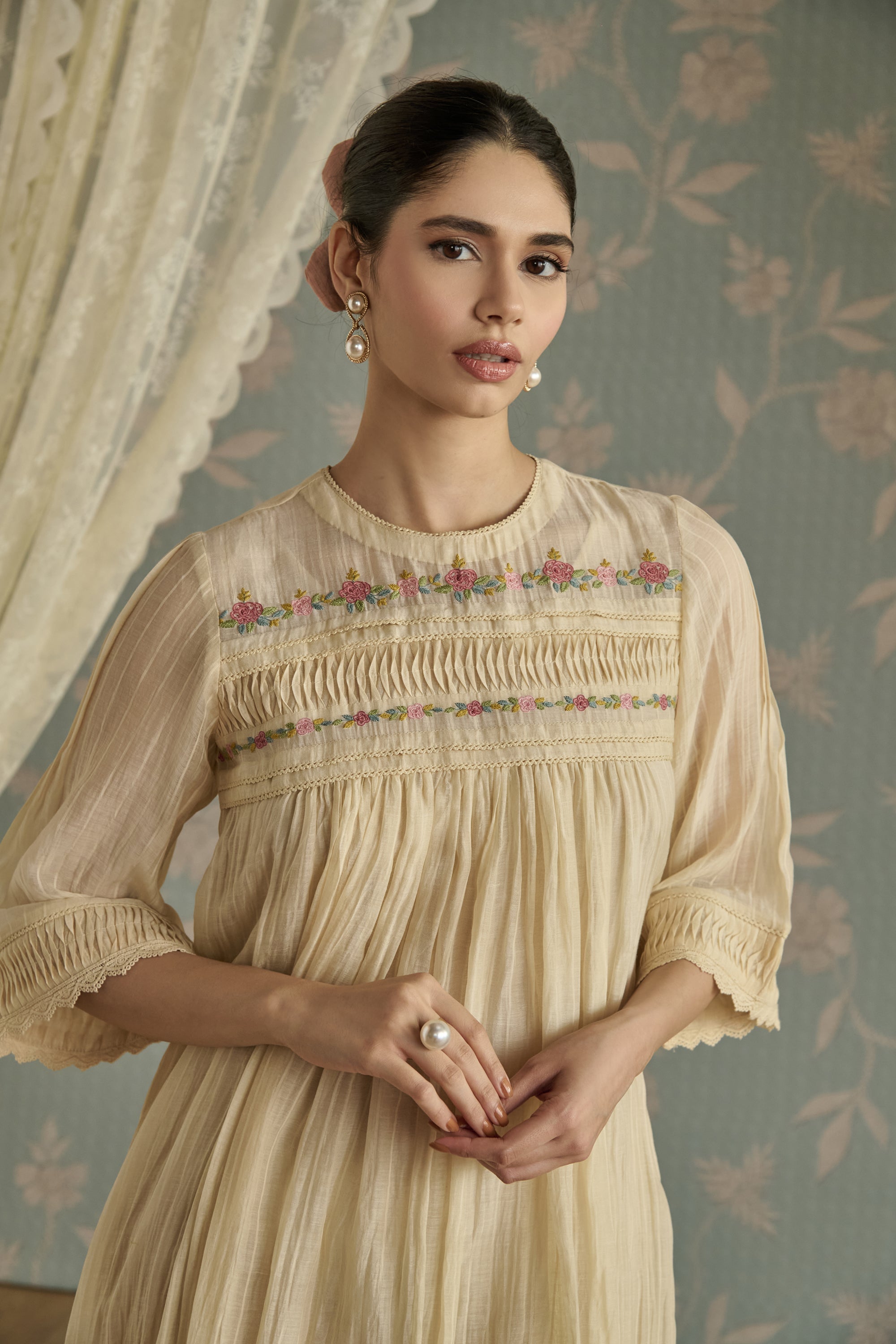Ivory Self Stripe Floral Pintuck Tunic