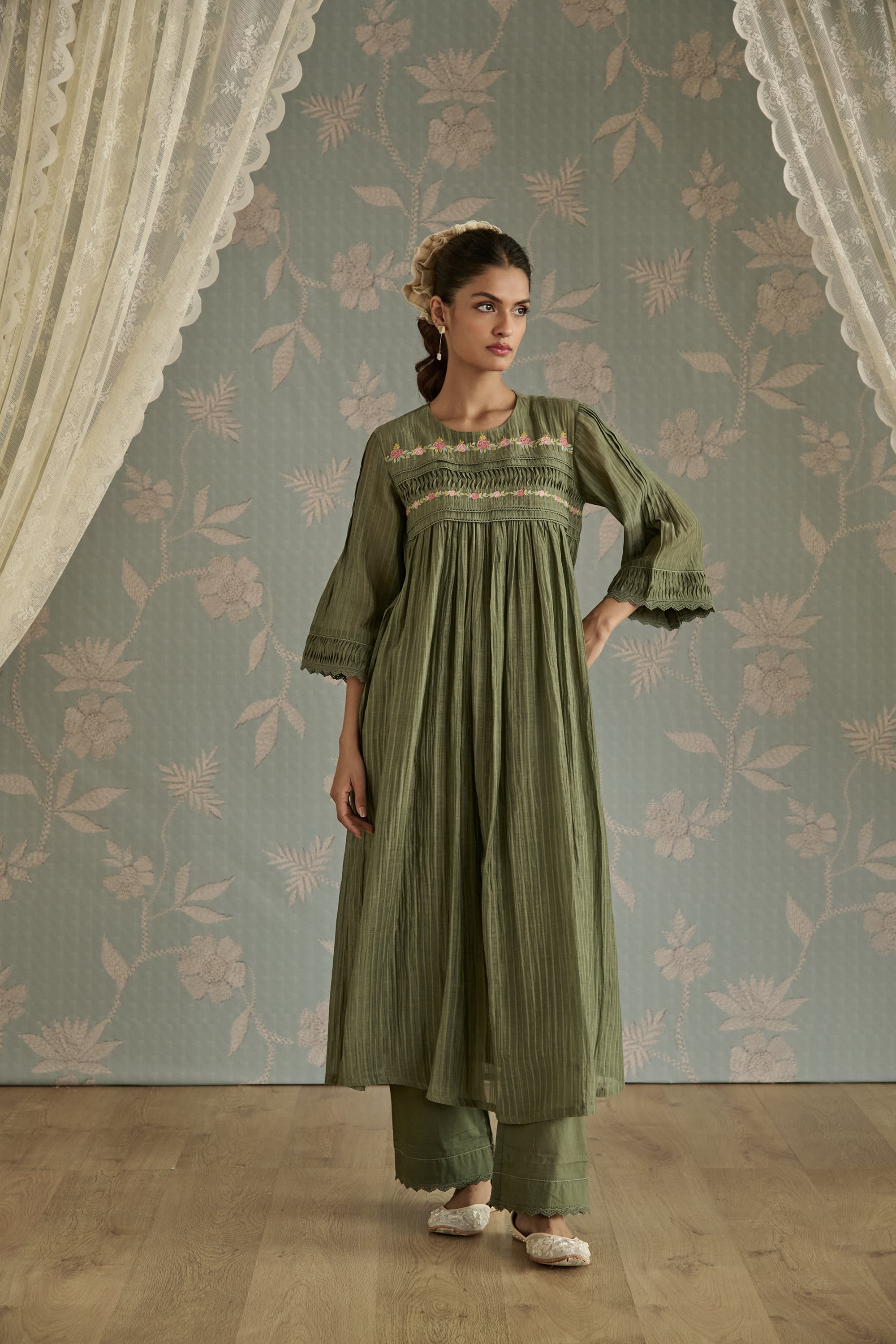 Green Self Stripe Floral Pintuck Tunic