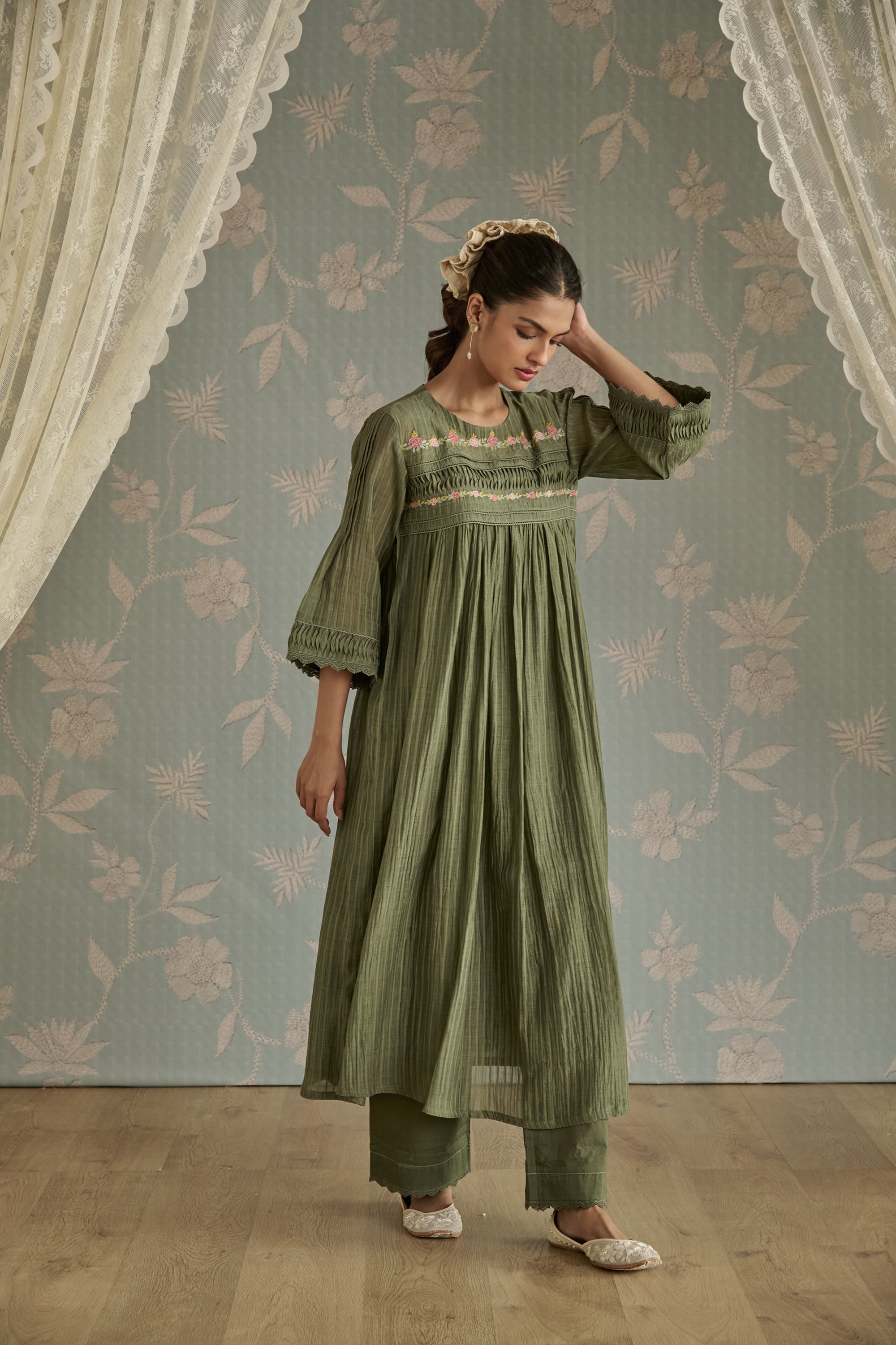 Green Self Stripe Floral Pintuck Tunic