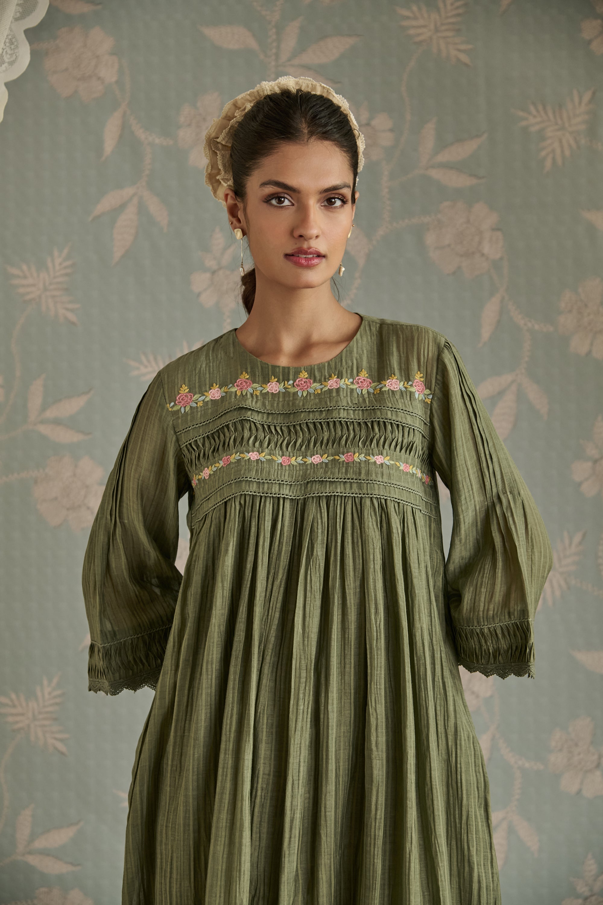 Green Self Stripe Floral Pintuck Tunic
