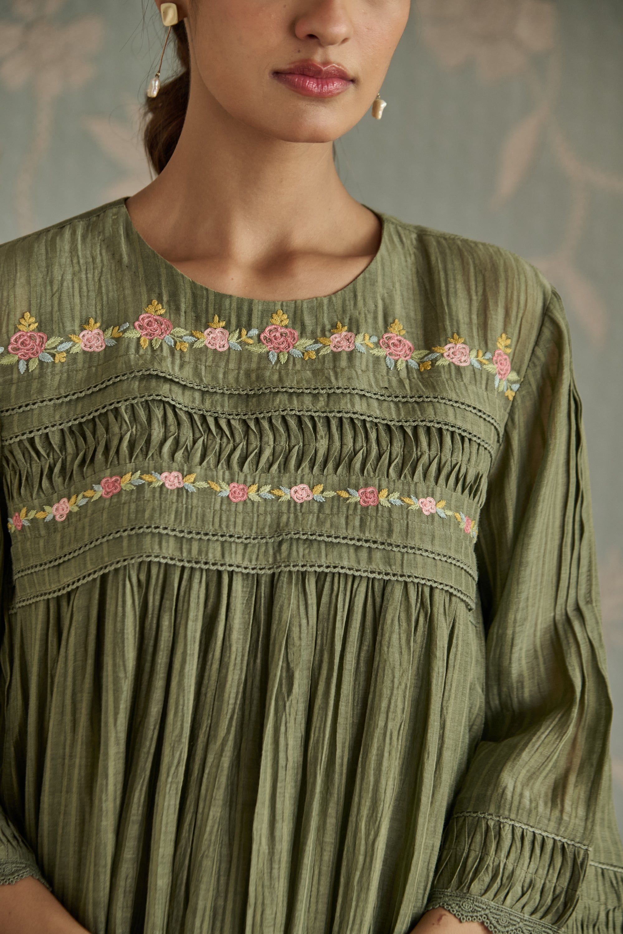 Green Self Stripe Floral Pintuck Tunic