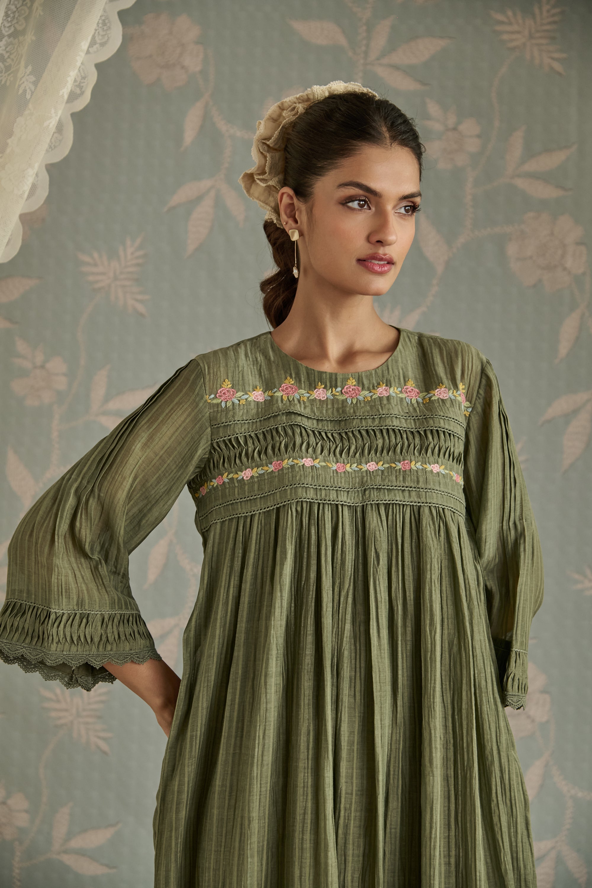Green Self Stripe Floral Pintuck Tunic