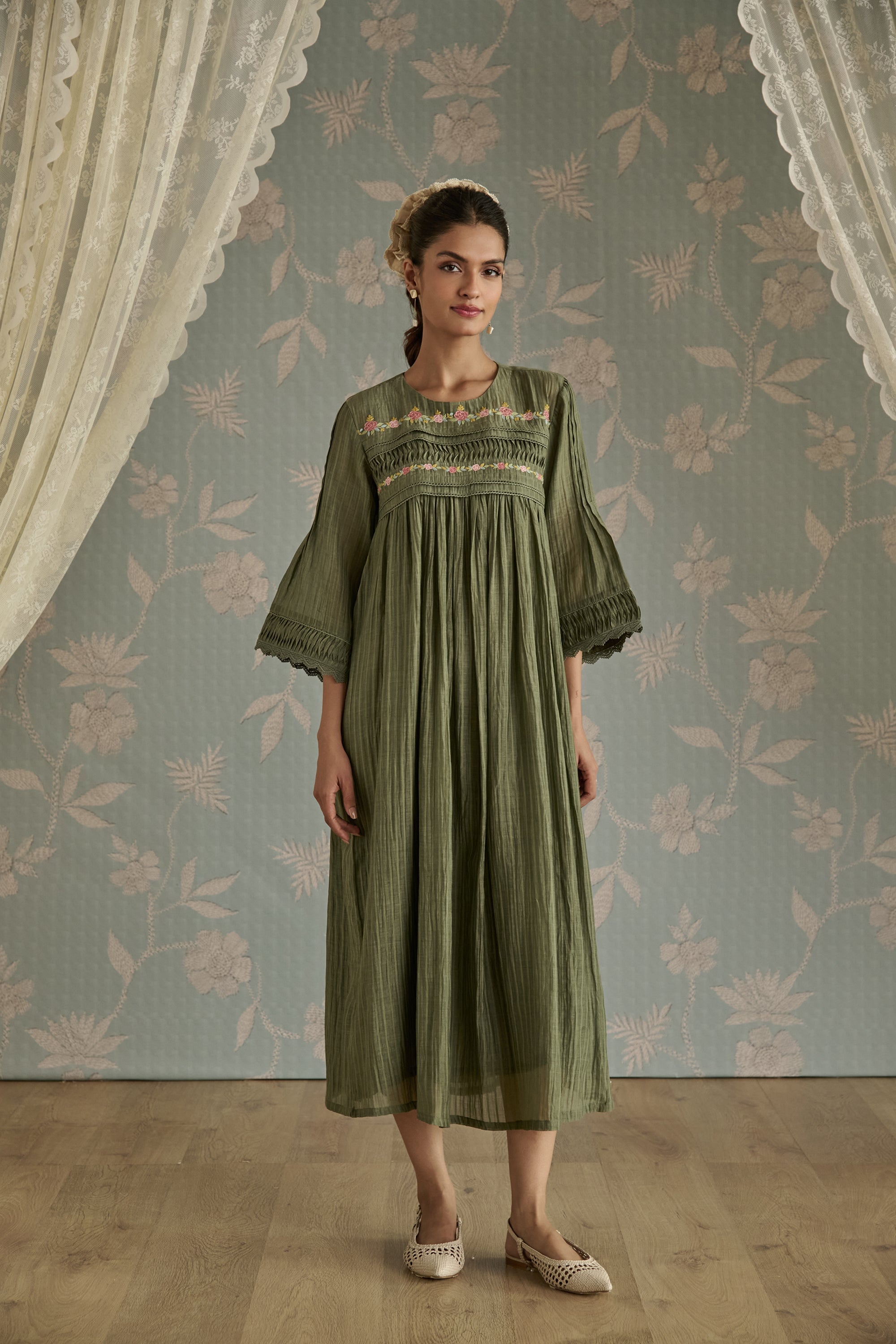 Green Self Stripe Floral Pintuck Tunic