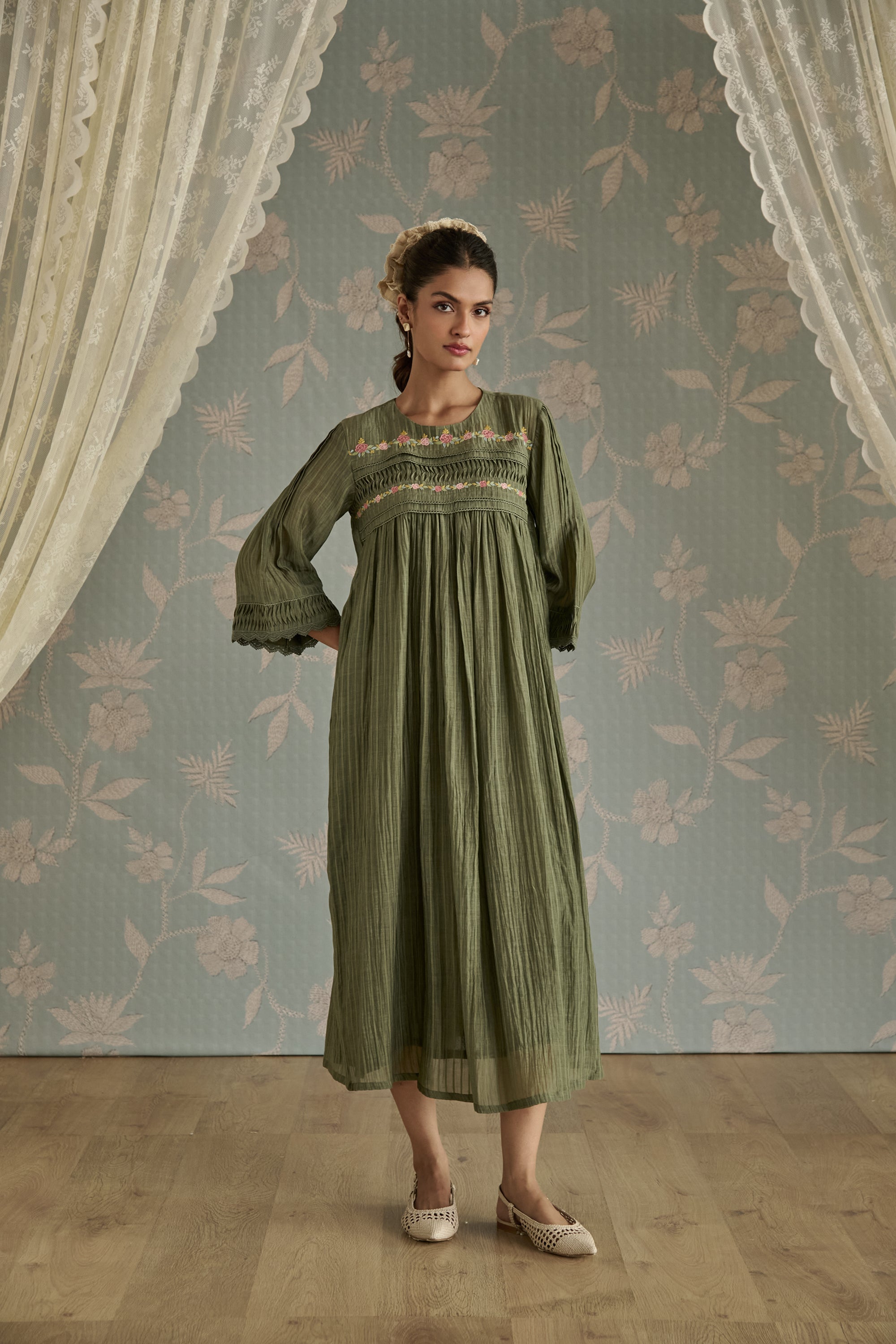 Green Self Stripe Floral Pintuck Tunic