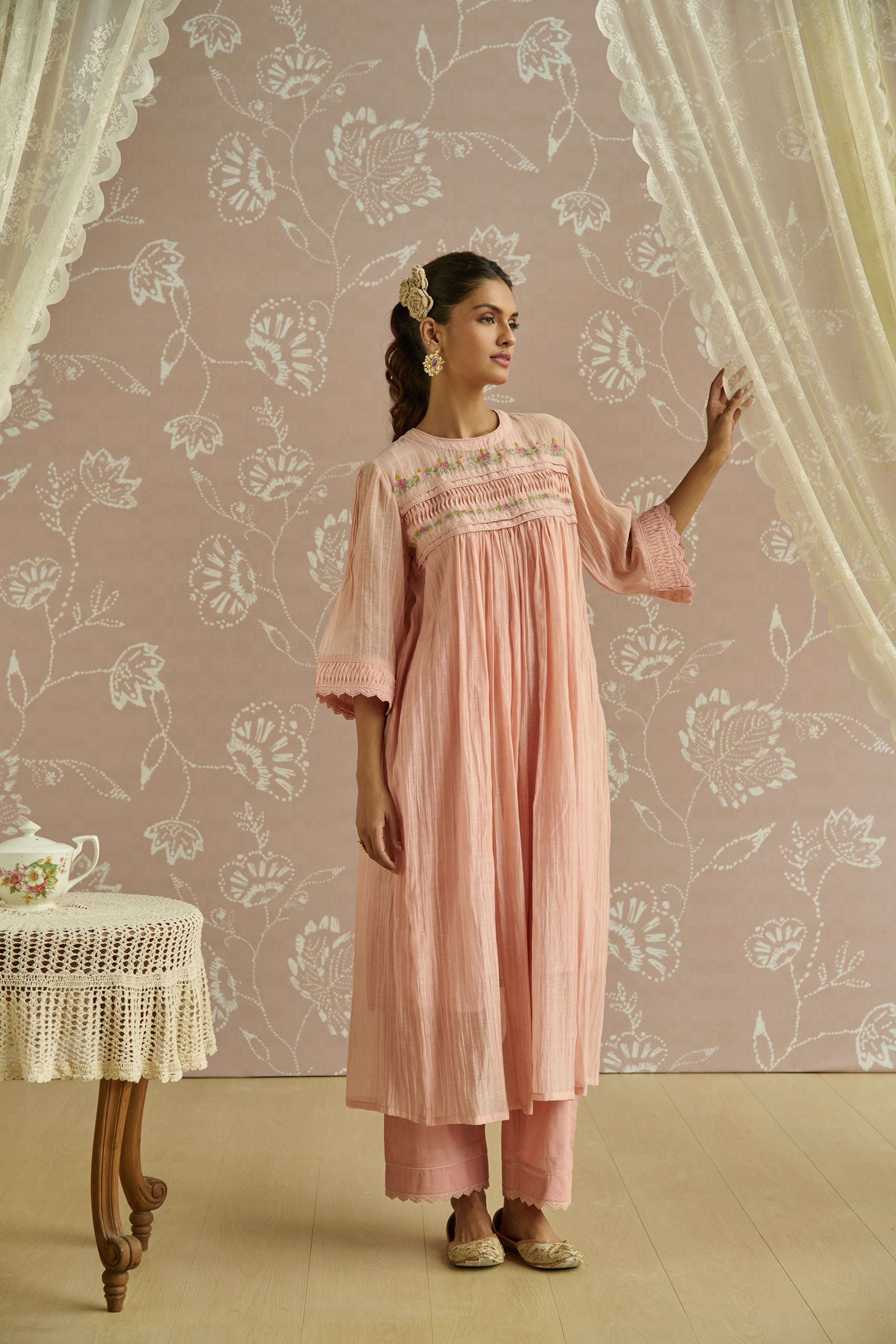 Pink Self Stripe Floral Pintuck Tunic