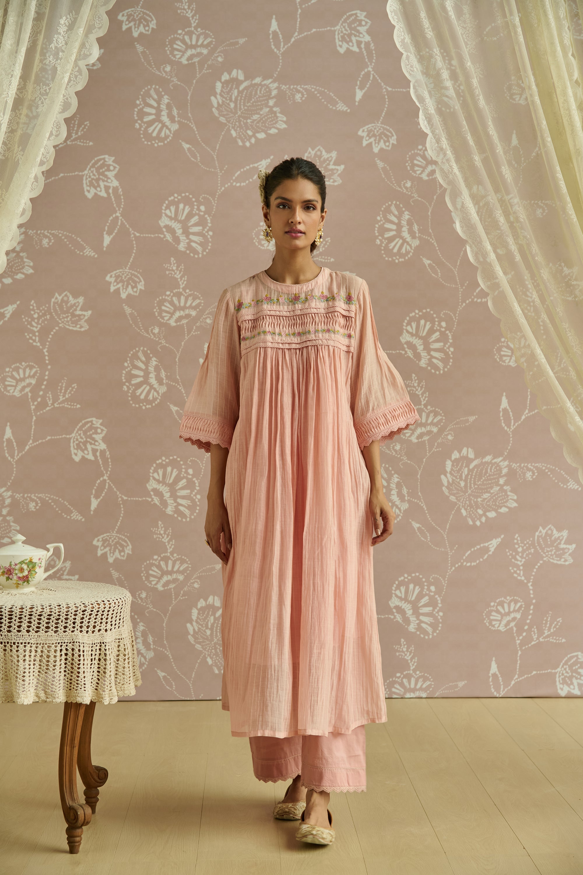 Pink Self Stripe Floral Pintuck Tunic