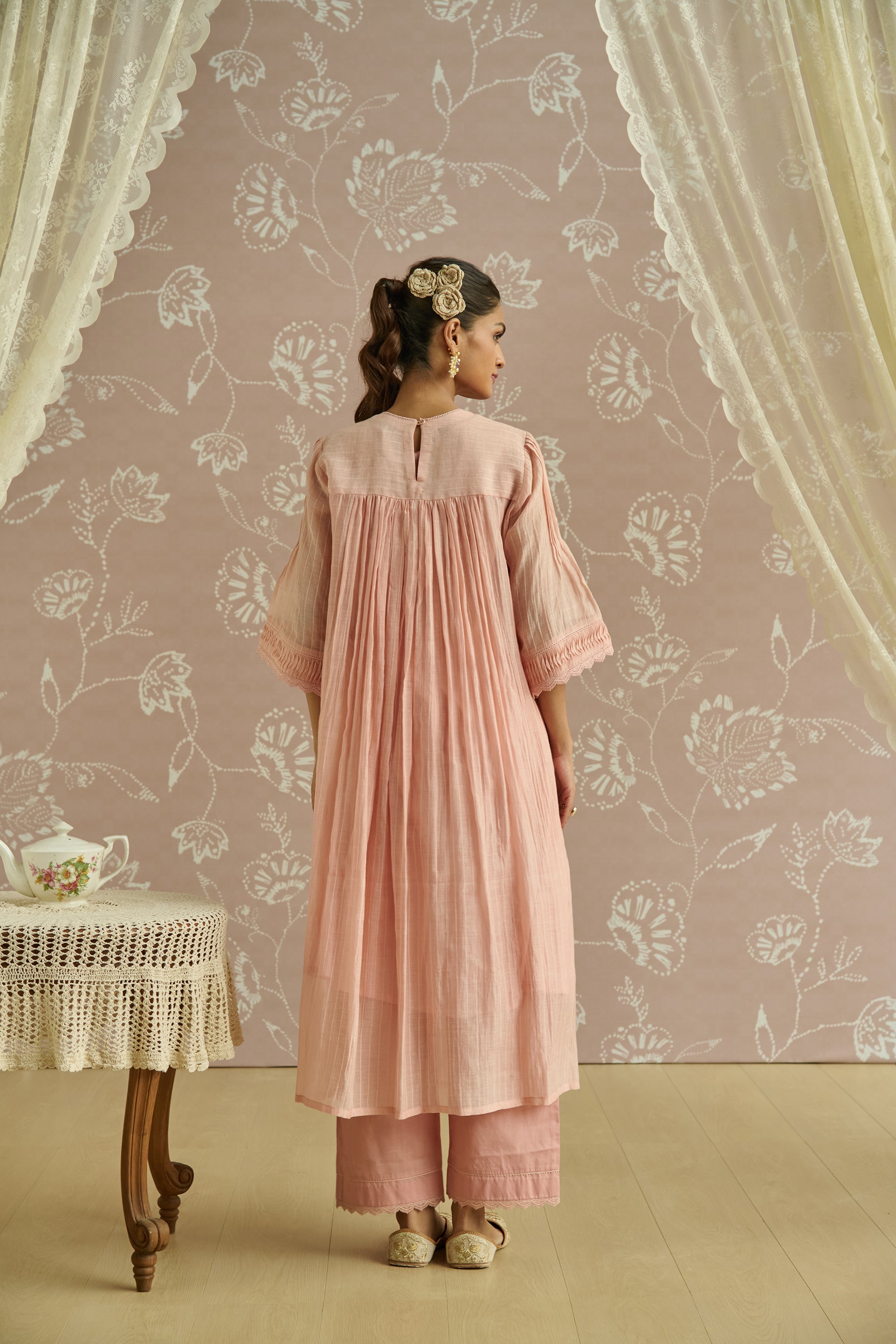 Pink Self Stripe Floral Pintuck Tunic