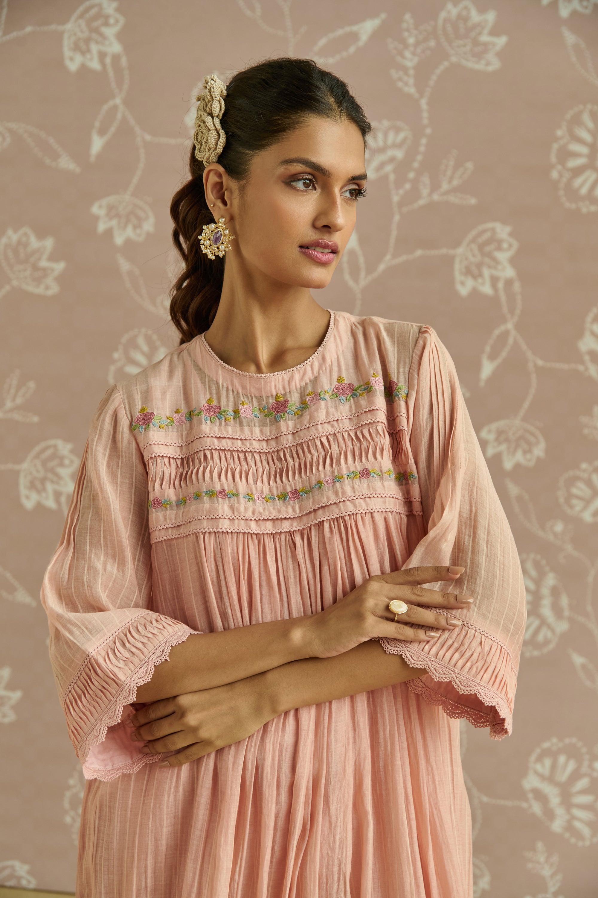 Pink Self Stripe Floral Pintuck Tunic