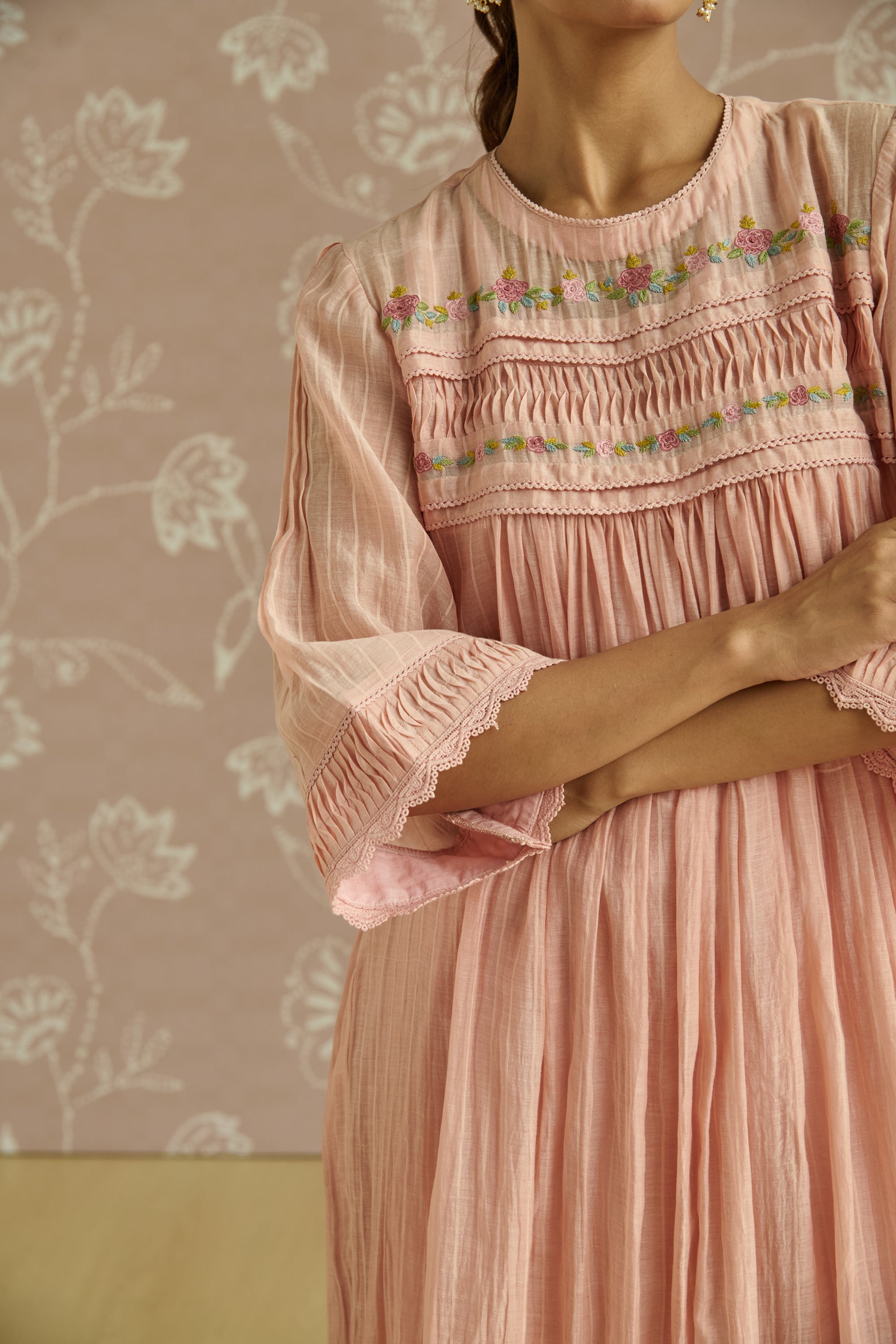 Pink Self Stripe Floral Pintuck Tunic