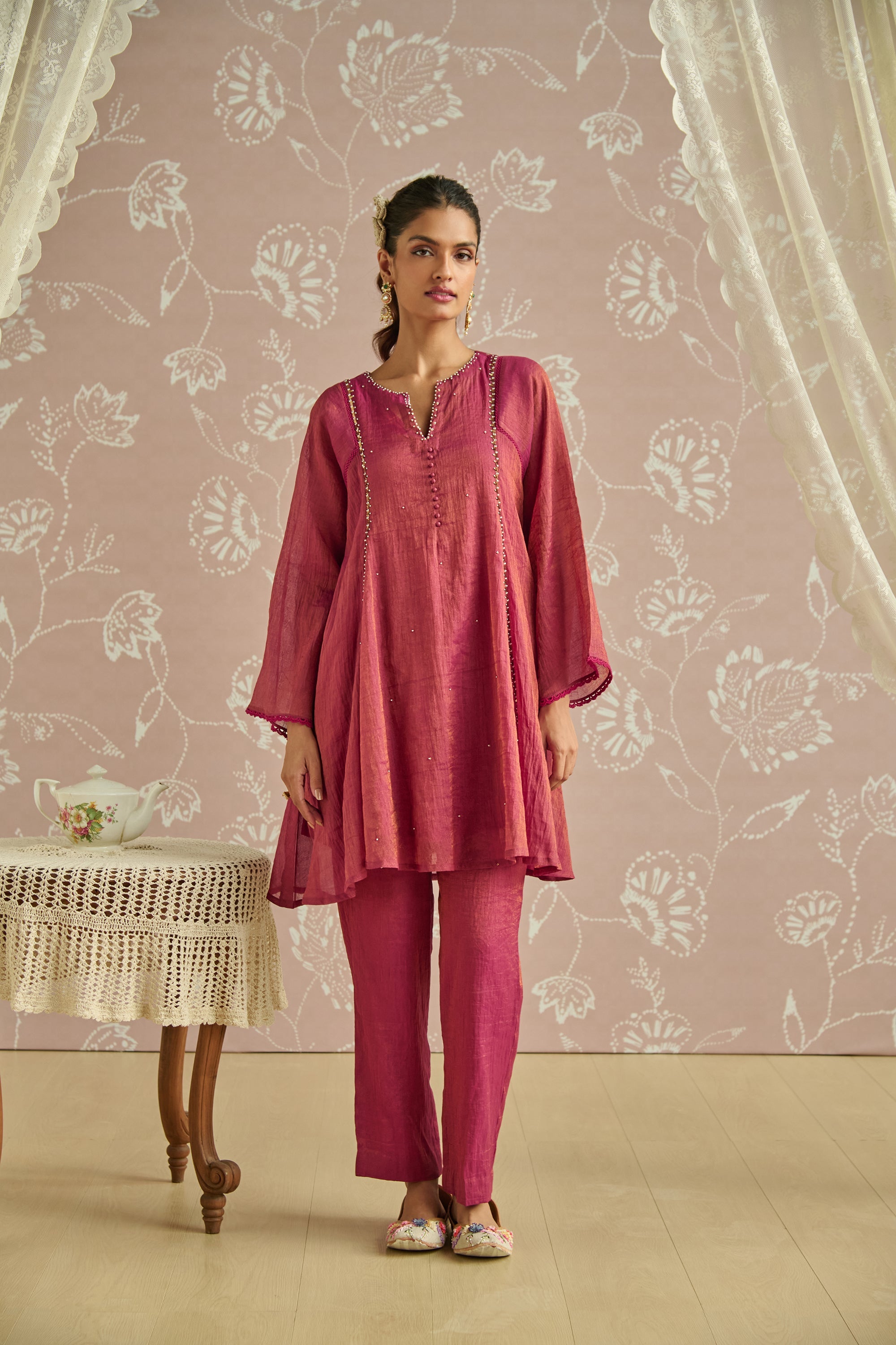 Magenta Tissue Hand Embroidered Co-Ord Set
