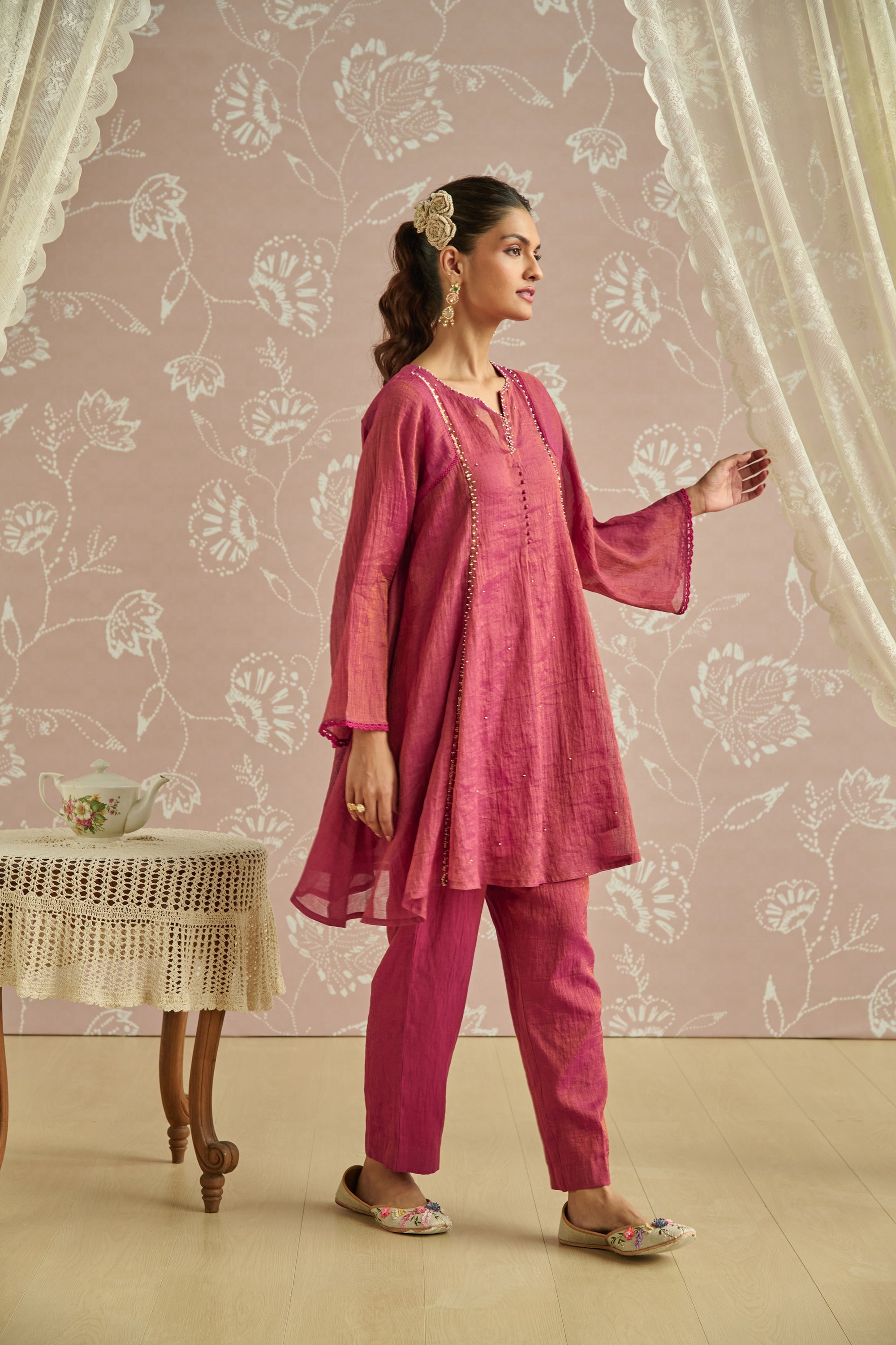 Magenta Tissue Hand Embroidered Co-Ord Set